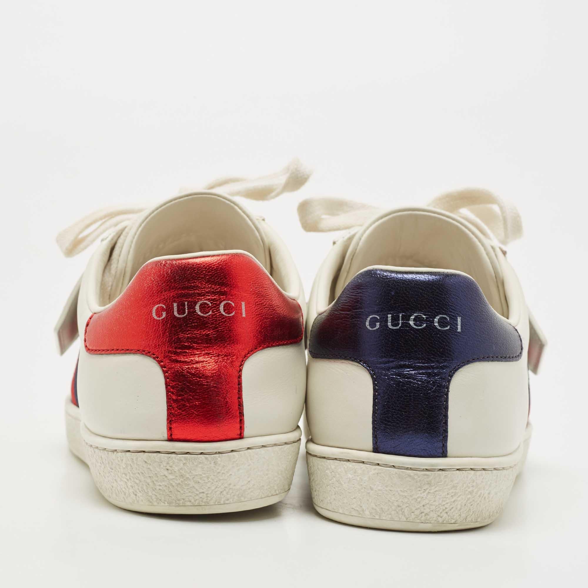 Gucci White Leather Sequin Embellished Ace Web Detail Low Top Sneakers Size 37 In Good Condition In Dubai, Al Qouz 2