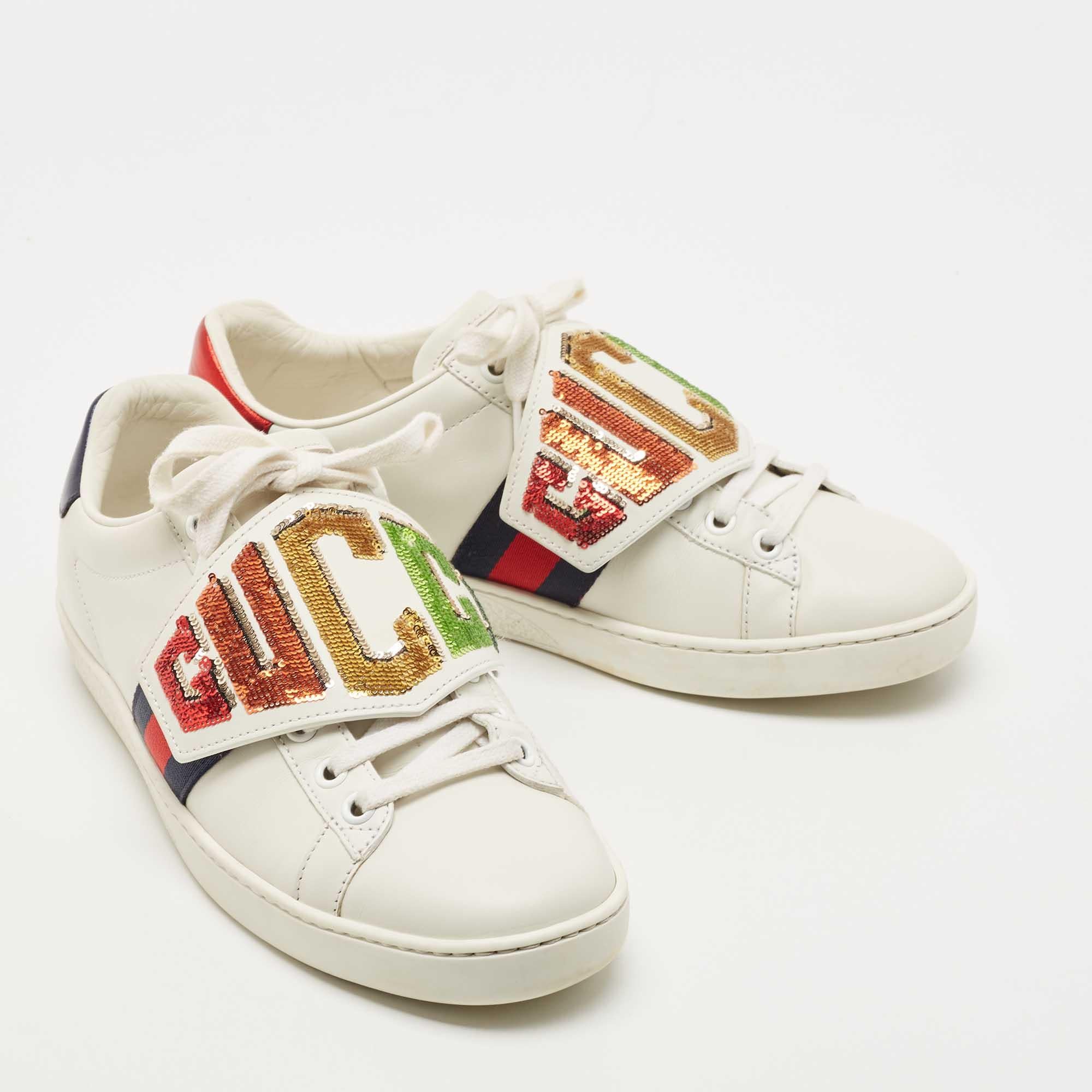 Gucci White Leather Sequin Embellished Ace Web Detail Low Top Sneakers Size 37 1