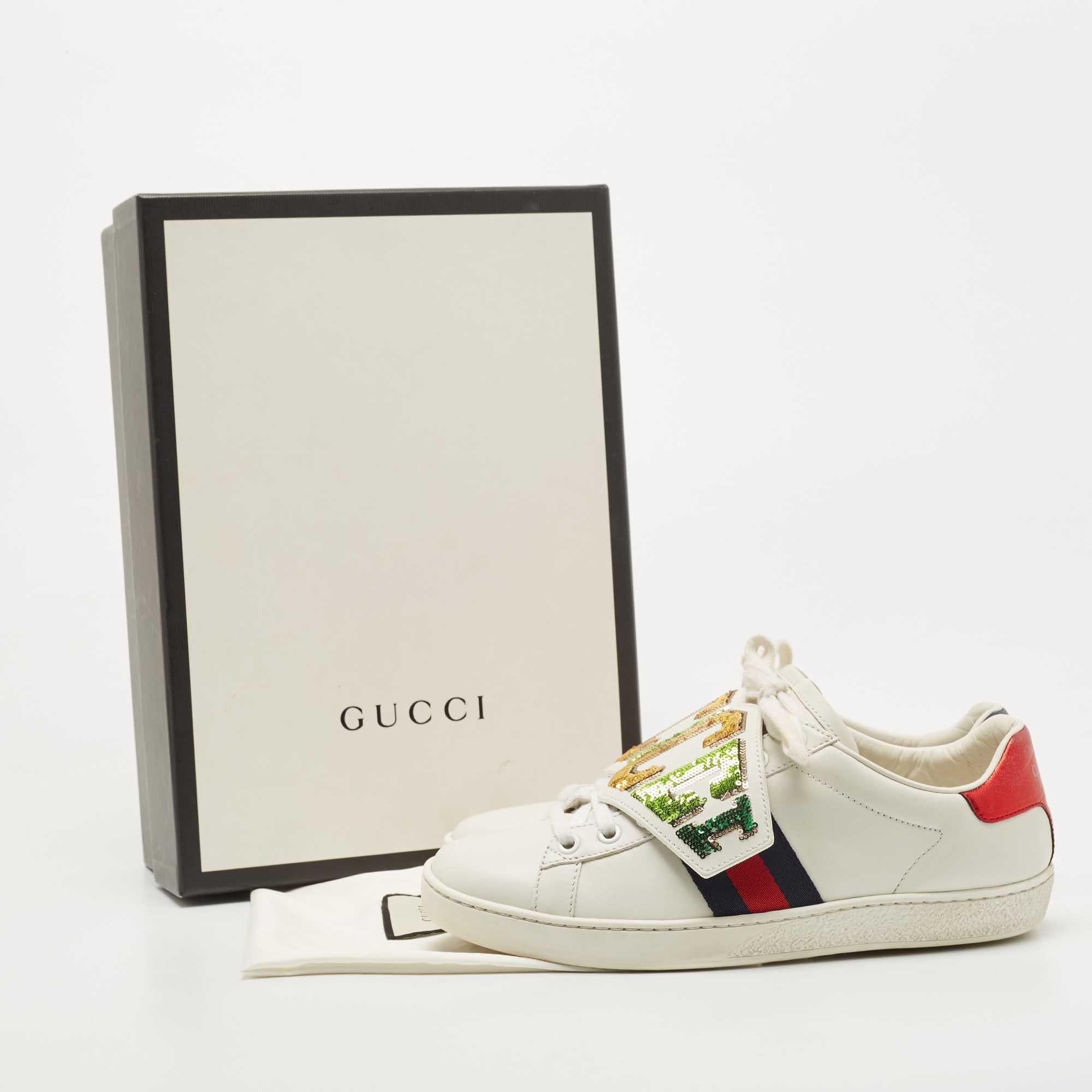 Gucci White Leather Sequin Embellished Ace Web Detail Low Top Sneakers Size 37 4