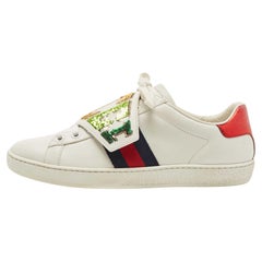 Gucci White Leather Sequin Embellished Ace Web Detail Low Top Sneakers Size 37