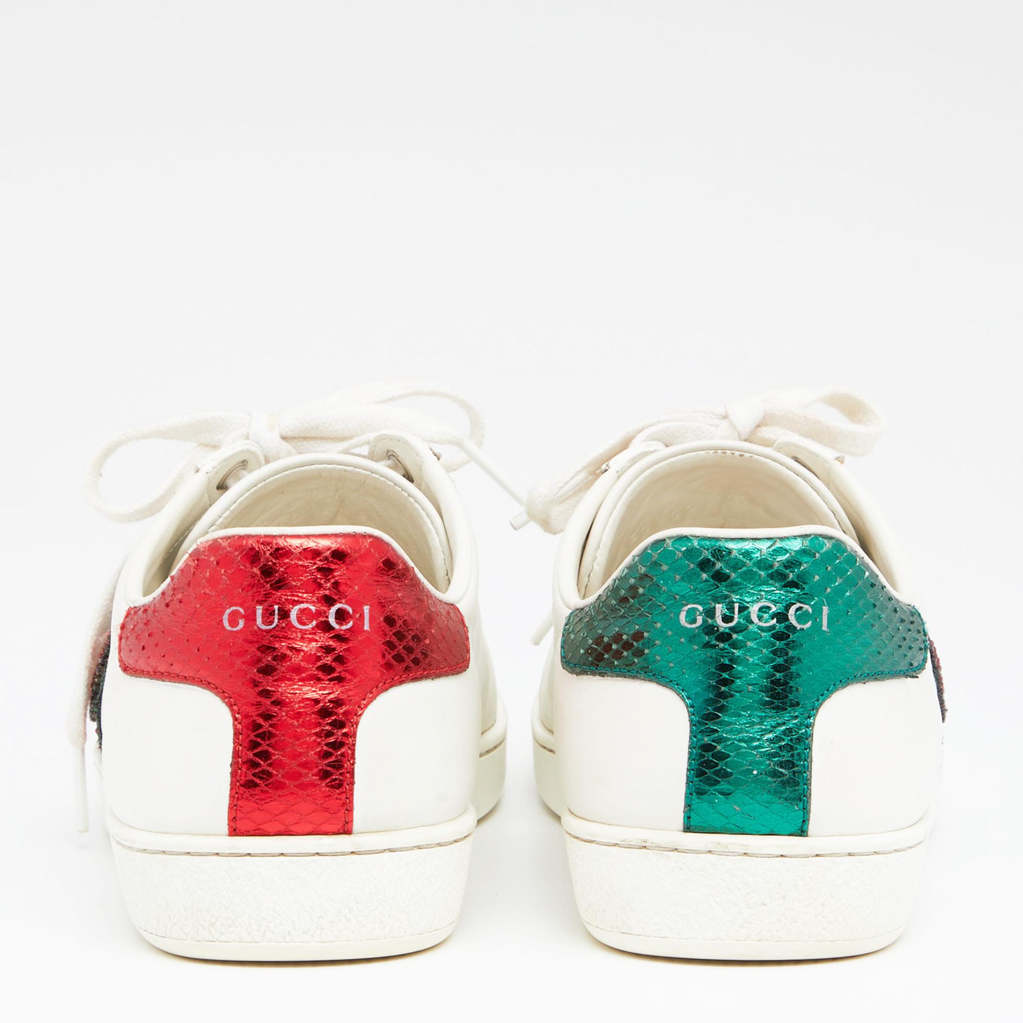 Gray Gucci White Leather Sequins and Crystal Lips Ace Low Top Sneakers Size 38.5