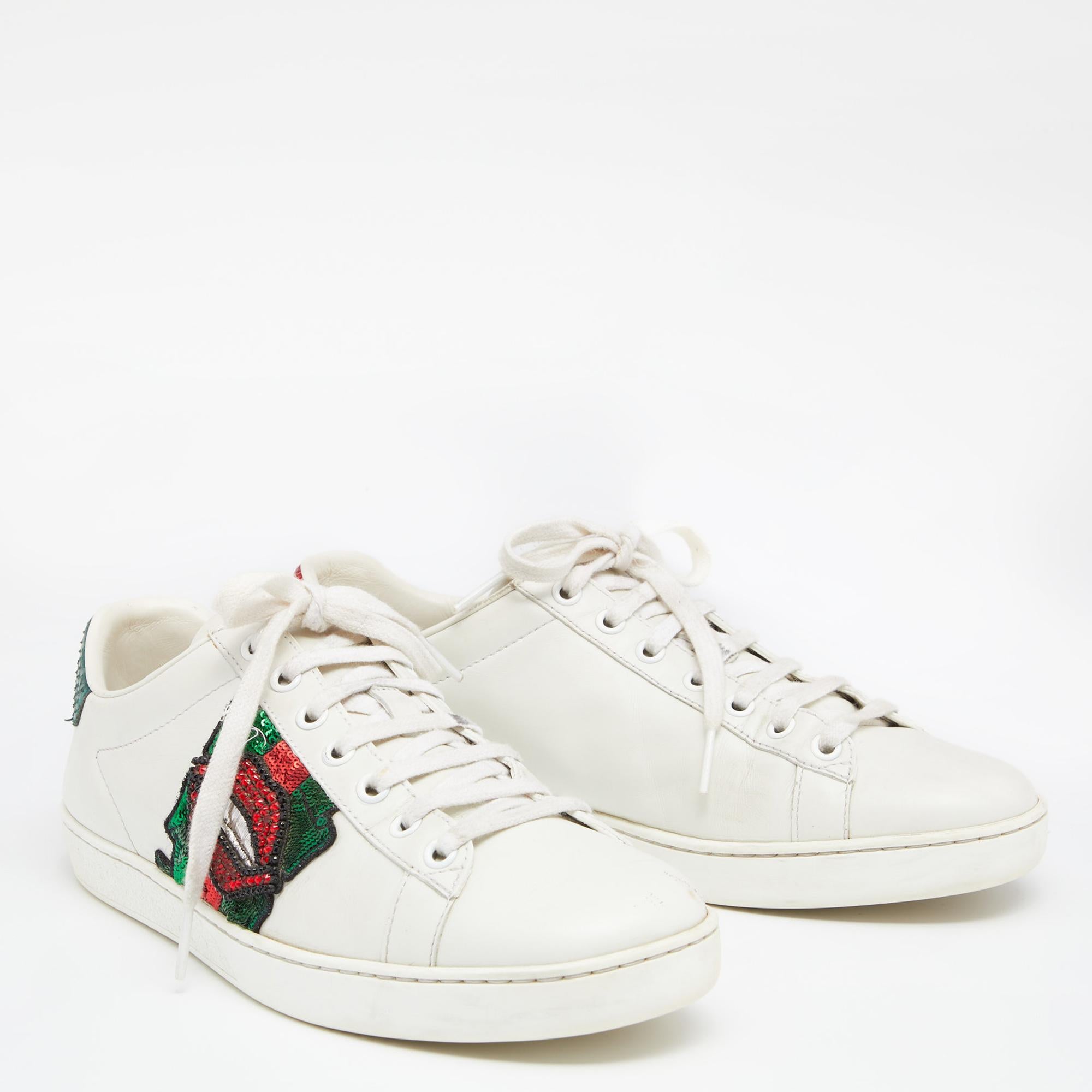 Women's Gucci White Leather Sequins and Crystal Lips Ace Low Top Sneakers Size 38.5