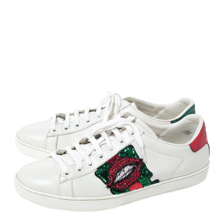 Vag bryllup tragt Gucci White Leather Sequins And Crystal Lips Ace Low Top Sneakers Size 39  at 1stDibs