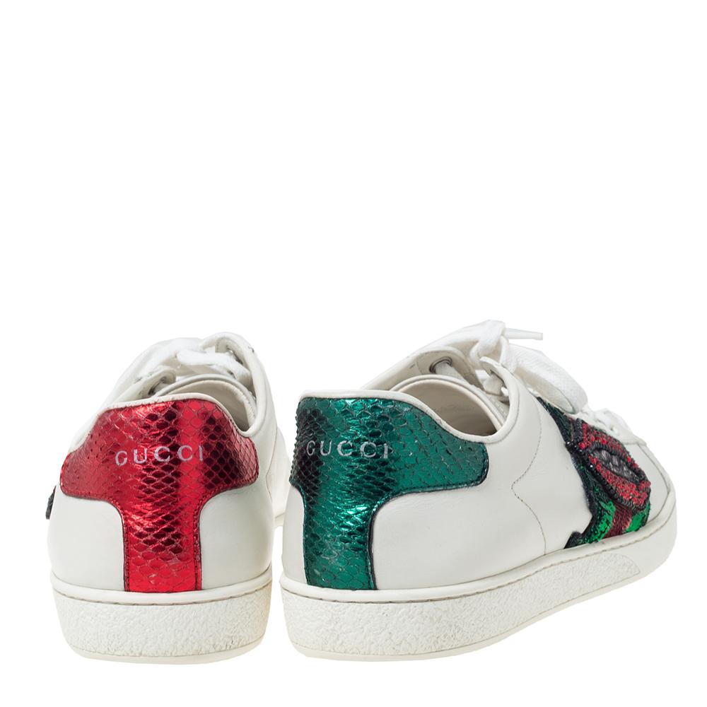 Gucci White Leather Sequins And Crystal Lips Ace Low Top Sneakers Size 39 In Good Condition In Dubai, Al Qouz 2