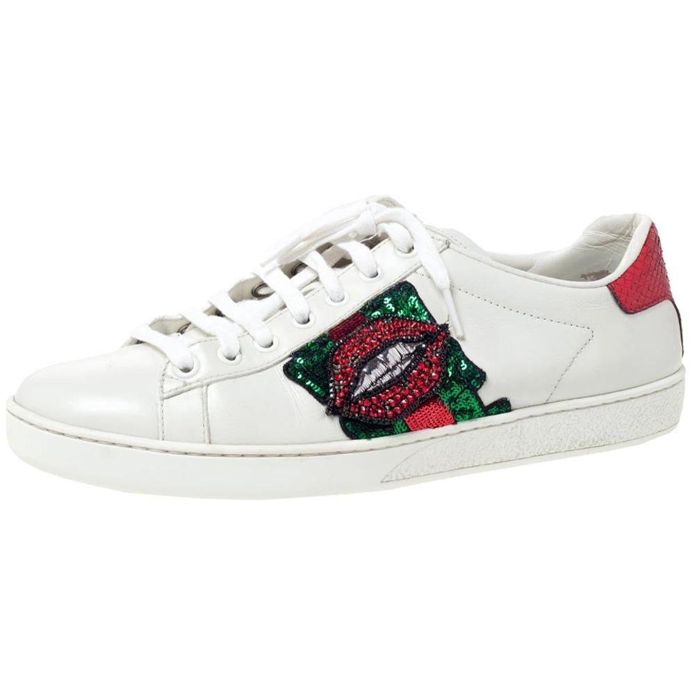 Gucci White Leather Sequins And Crystal Lips Ace Low Top Sneakers Size 39