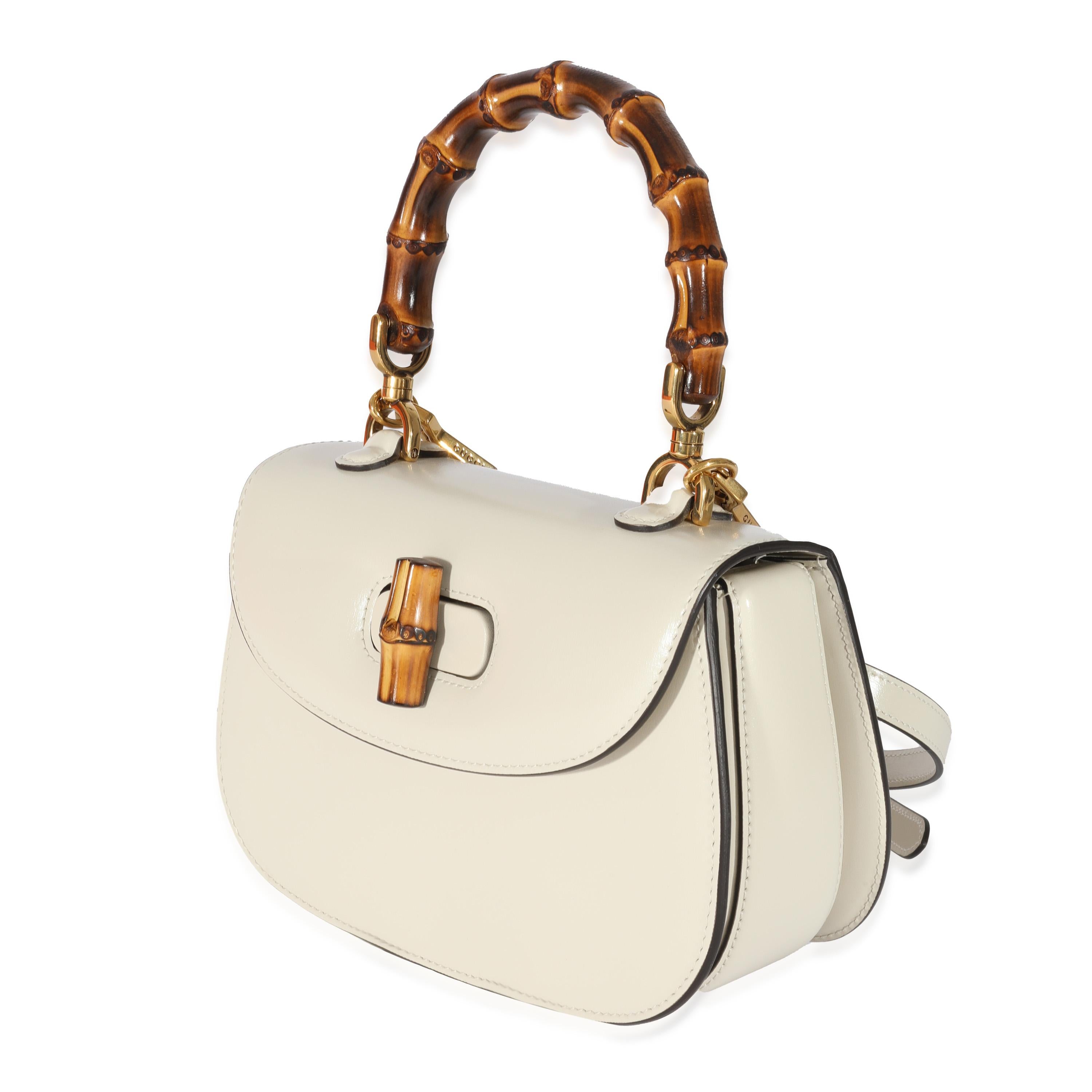Gucci White Leather Small 1947 Bamboo Top Handle In Excellent Condition In New York, NY