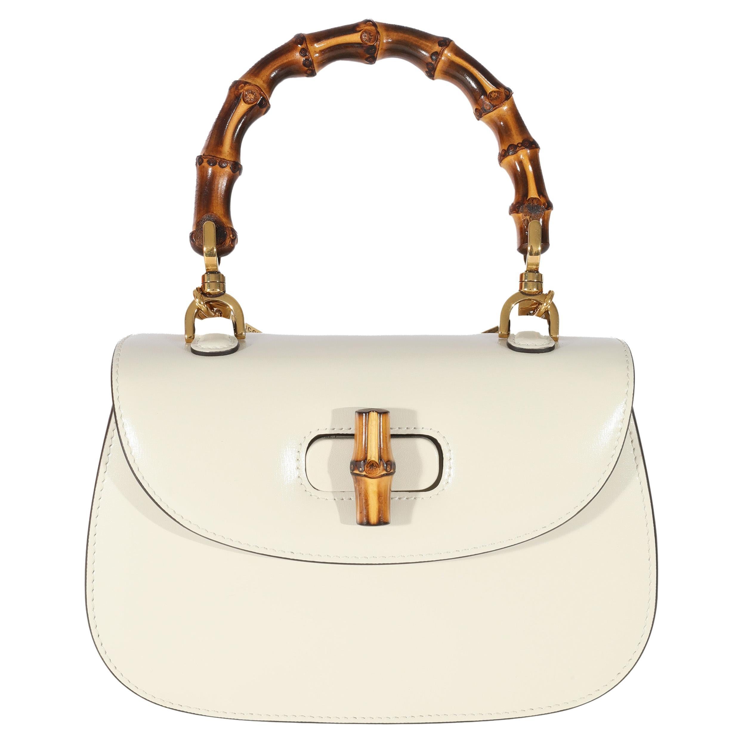 Gucci White Leather Small 1947 Bamboo Top Handle