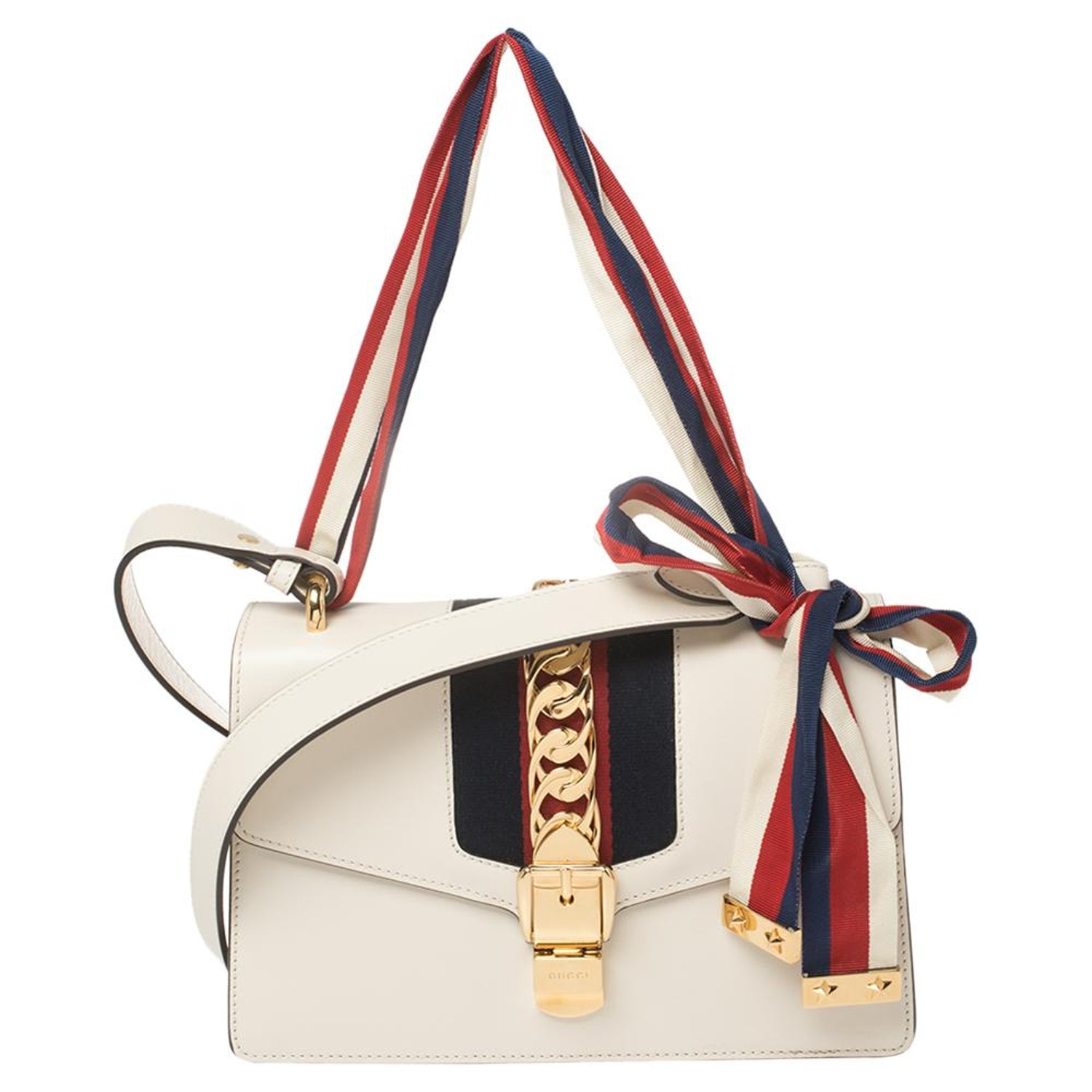 Gucci White Leather Small Web Chain Sylvie Shoulder Bag For Sale at 1stDibs