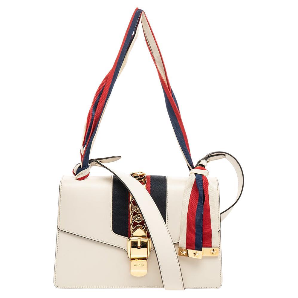 Gucci White Leather Small Web Chain Sylvie Shoulder Bag
