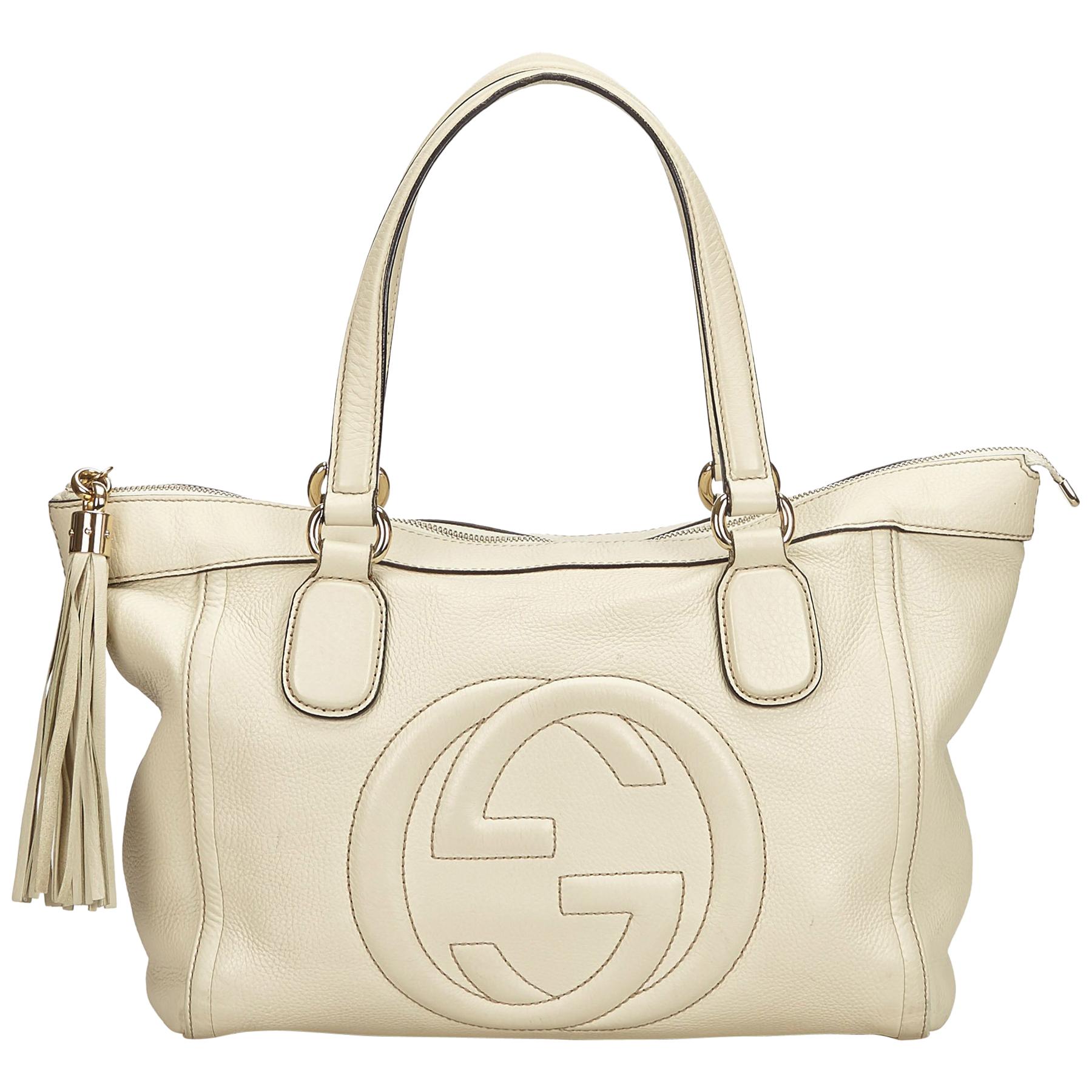 Gucci White Leather Soho Tassel Tote For Sale