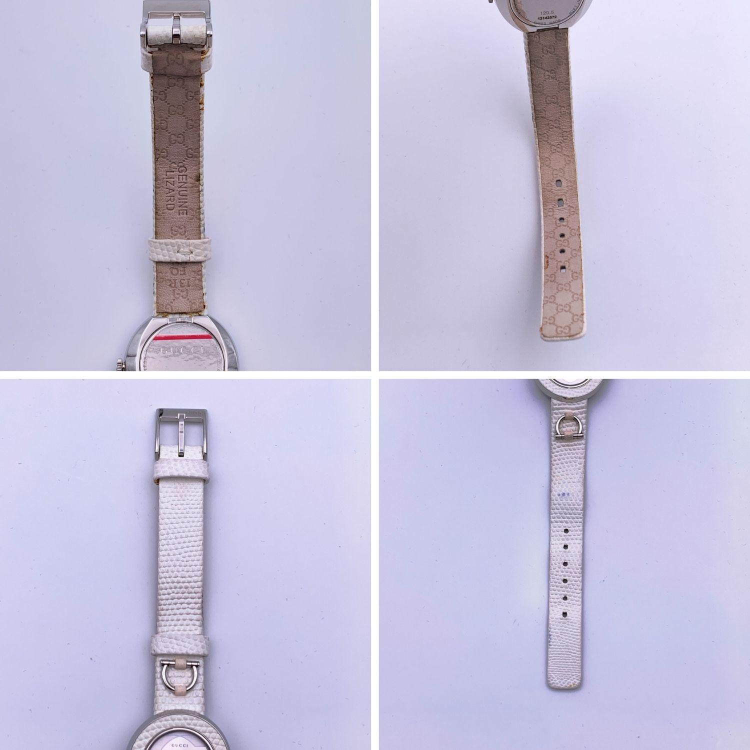 Gucci White Leather Stainless Steel 129.5 Quartz Wrist Watch In Excellent Condition In Rome, Rome