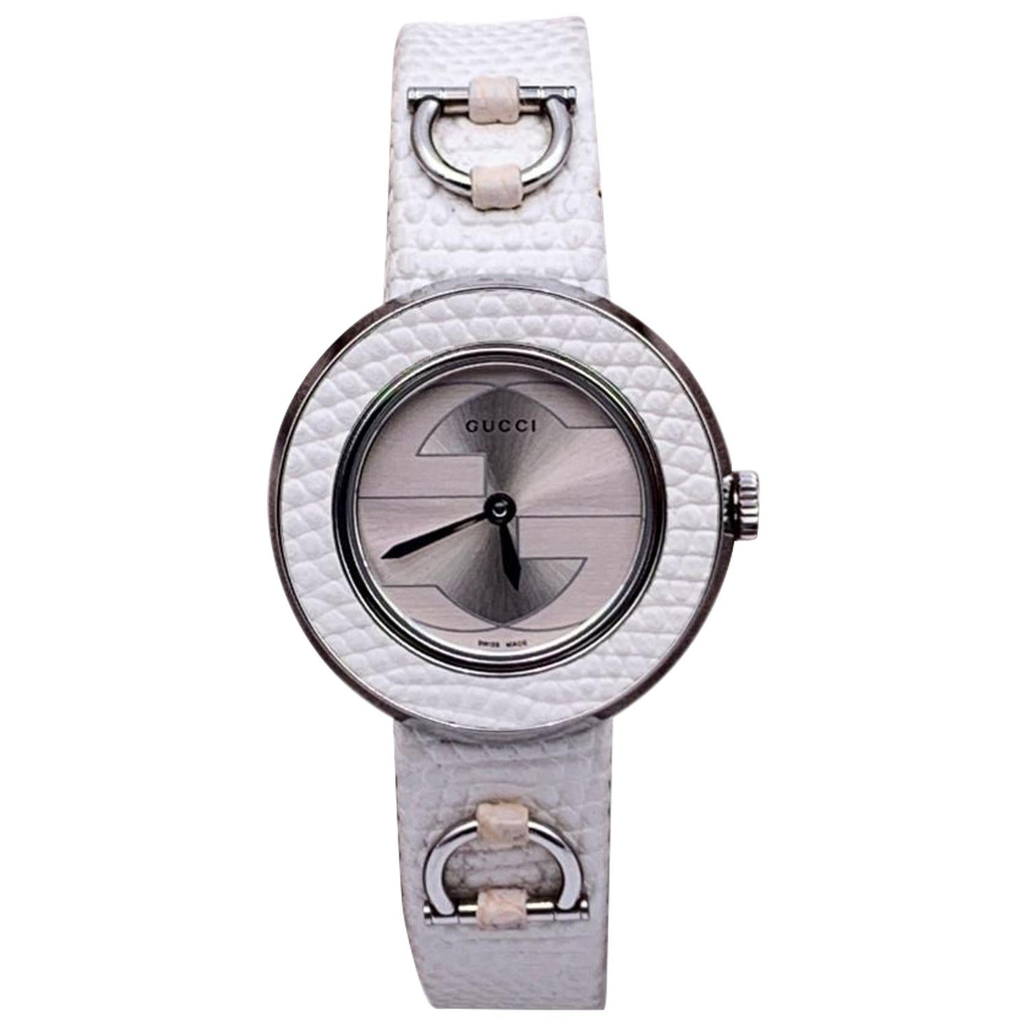 Gucci White Leather Stainless Steel 129.5 Quartz Wrist Watch at 1stDibs