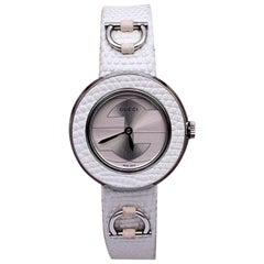 Used Gucci White Leather Stainless Steel 129.5 Quartz Wrist Watch