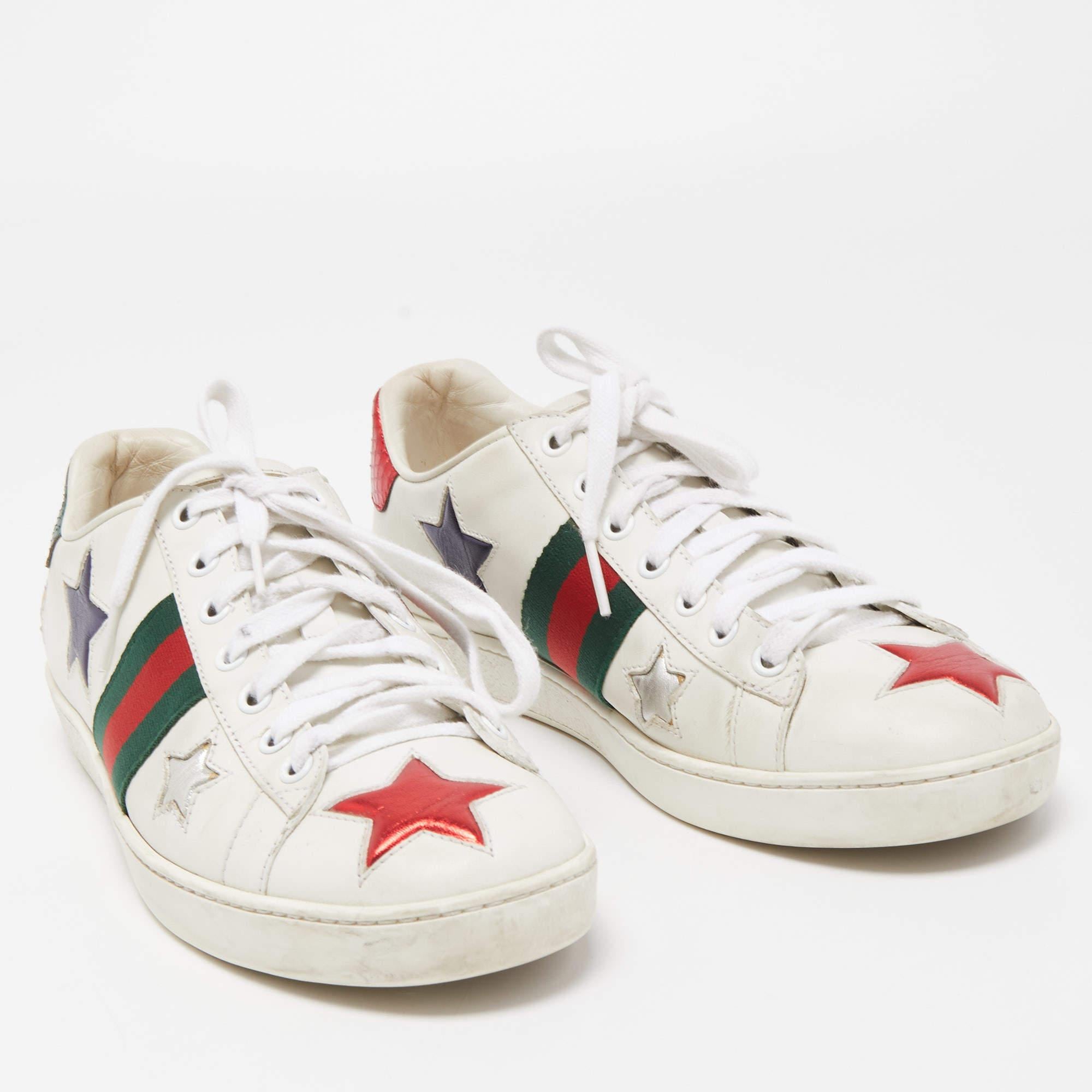 Sneakers are sought-after for reasons like comfort, ease and casual style. These Gucci high tops fit right in as they are stylish and snug. Brimming with fabulous details, these sneakers are crafted from leather into a high-top silhouette and
