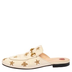 Gucci White Leather Star And Bee Embroidered Princetown Flat Mules Size 37