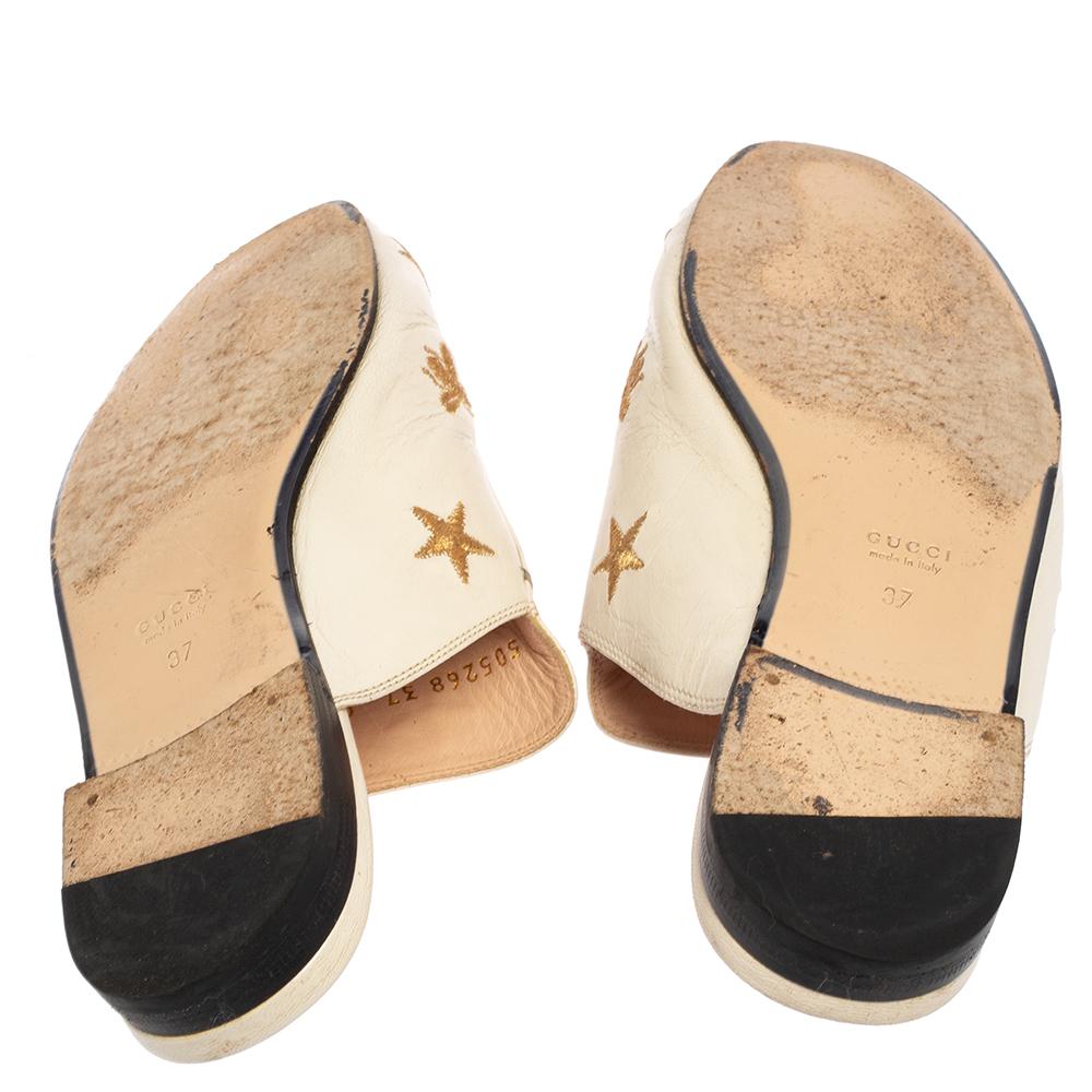 Women's Gucci White Leather Star And Bee Embroidered Princetown Flat Mules Size 37