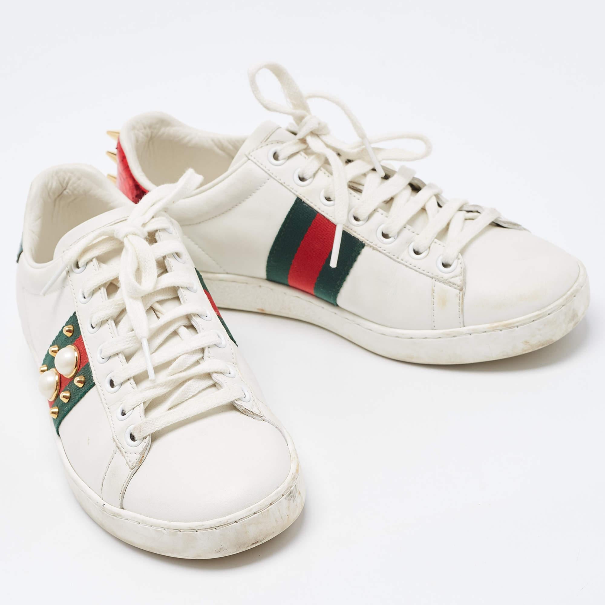 Gucci White Leather Studded and Spiked Ace Sneakers Size 36 In Good Condition For Sale In Dubai, Al Qouz 2