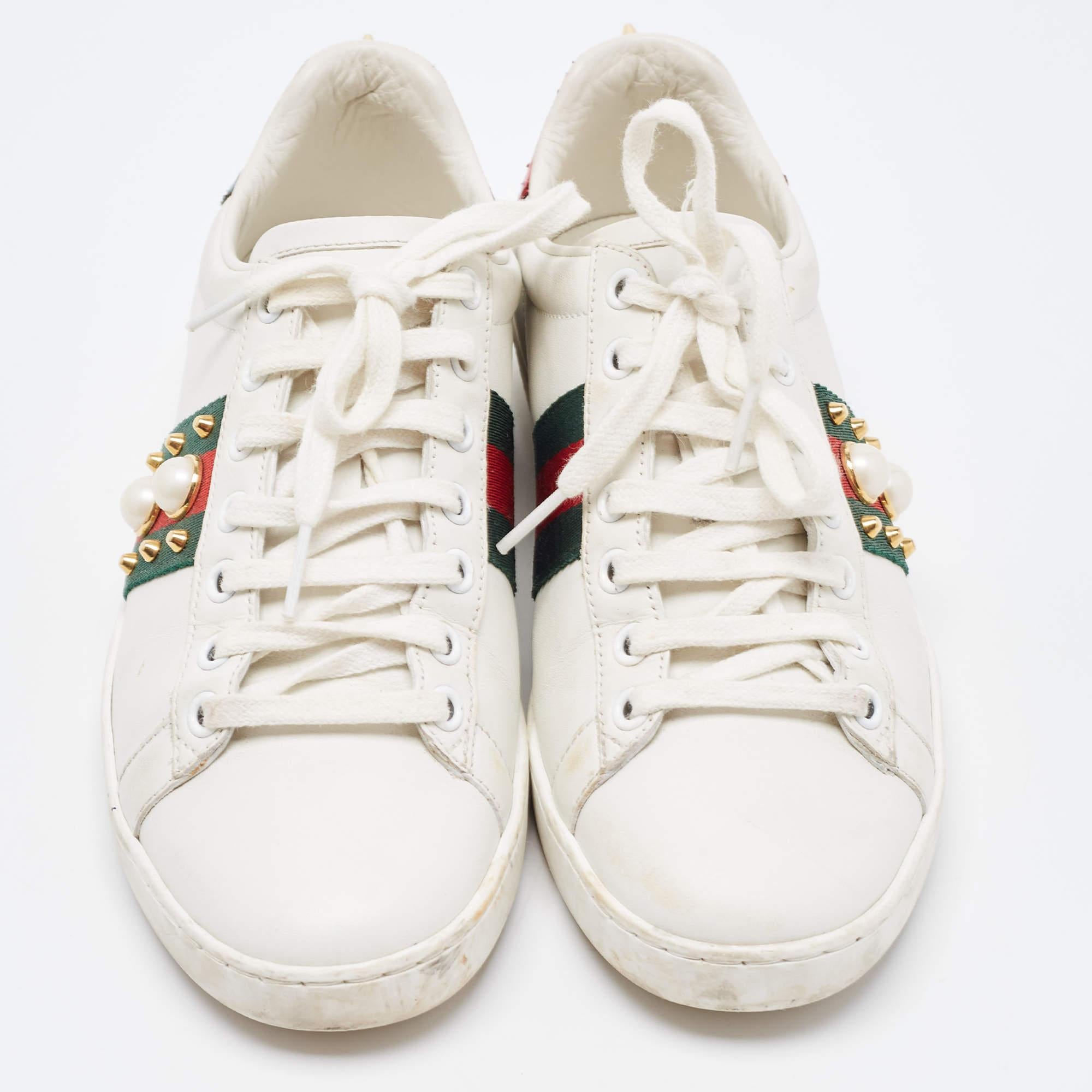 Women's Gucci White Leather Studded and Spiked Ace Sneakers Size 36 For Sale
