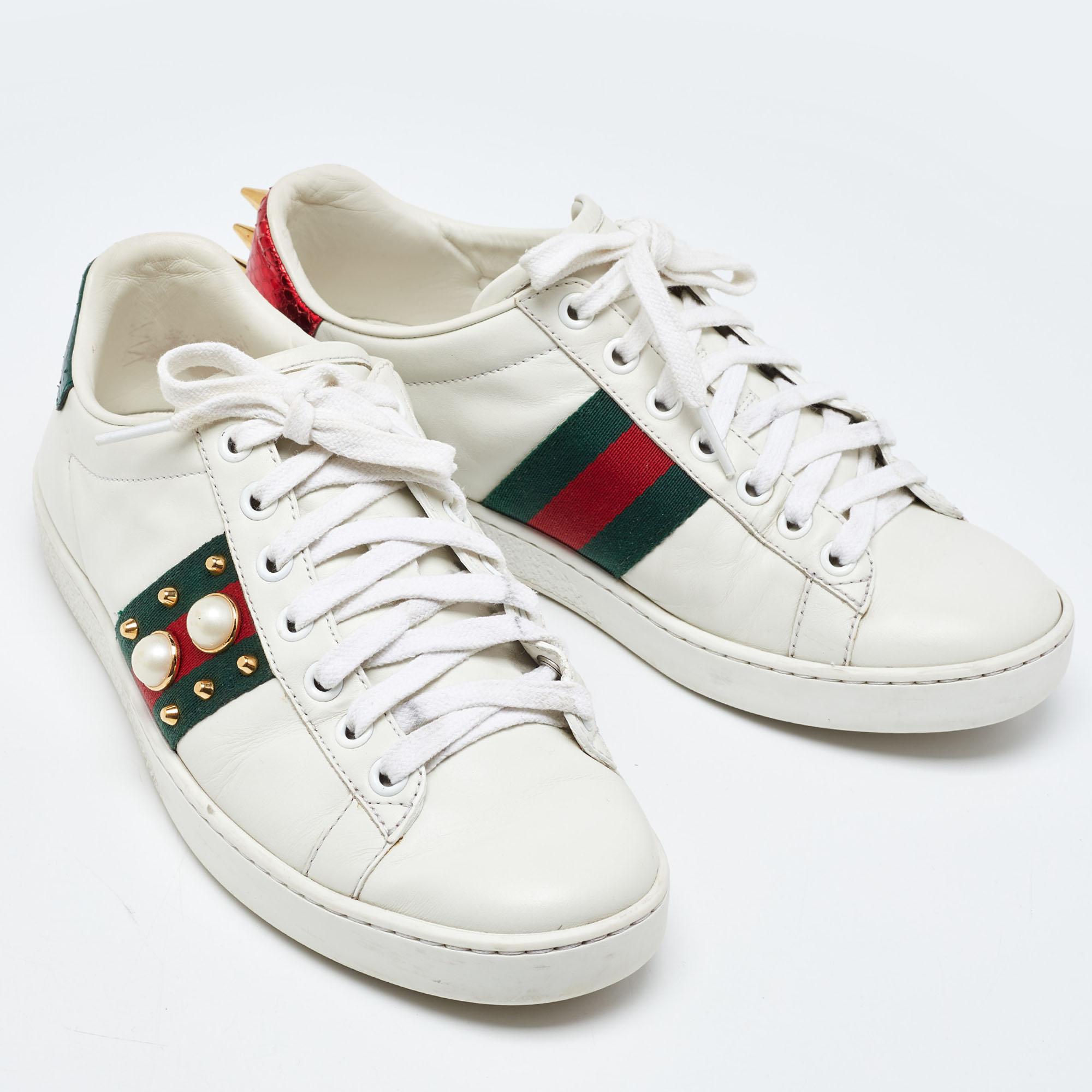 Gucci White Leather Studded and Spiked Ace Sneakers Size 36 For Sale 2
