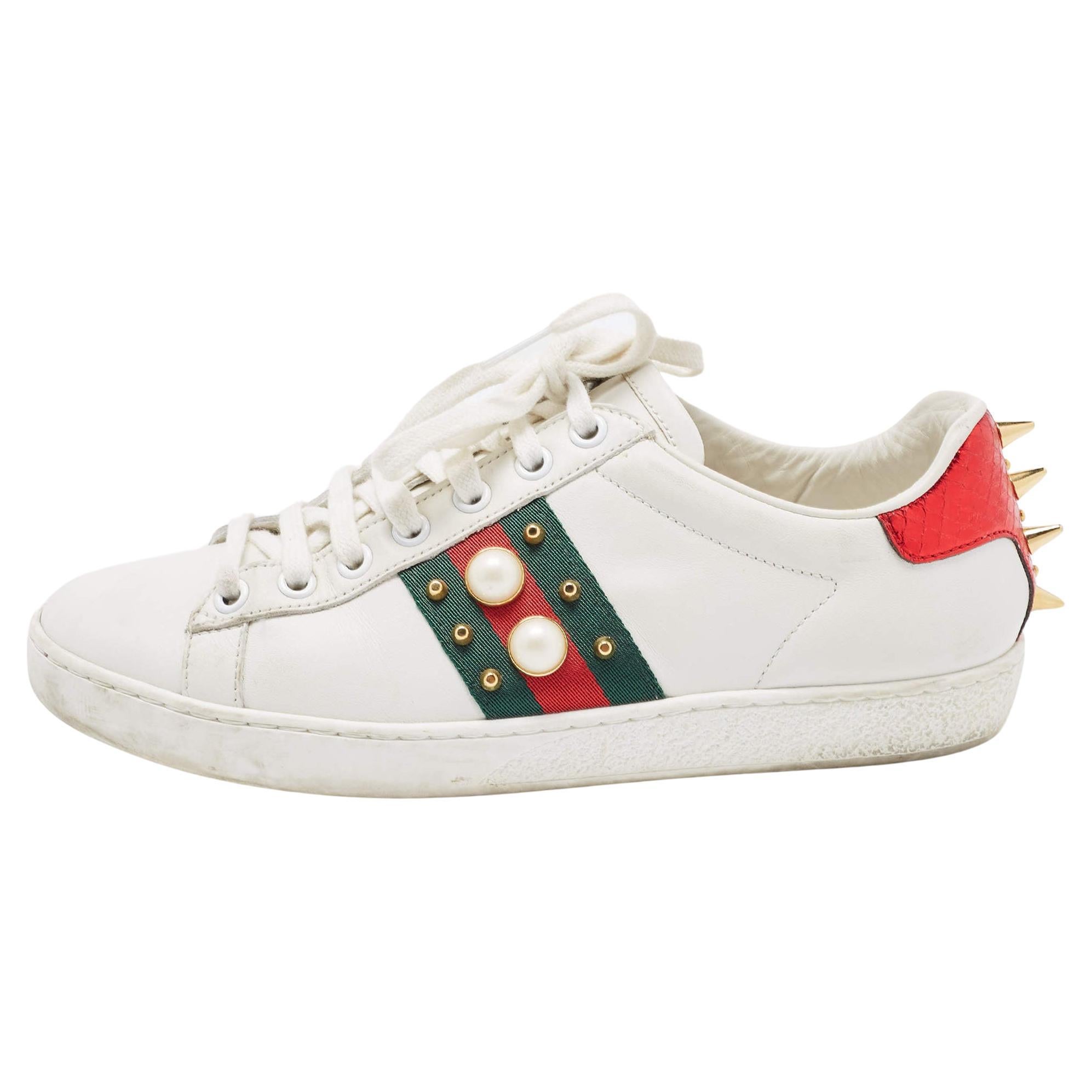 Gucci White Leather Studded and Spiked Ace Sneakers Size 36 For Sale