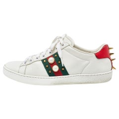 Used Gucci White Leather Studded and Spiked Ace Sneakers Size 36