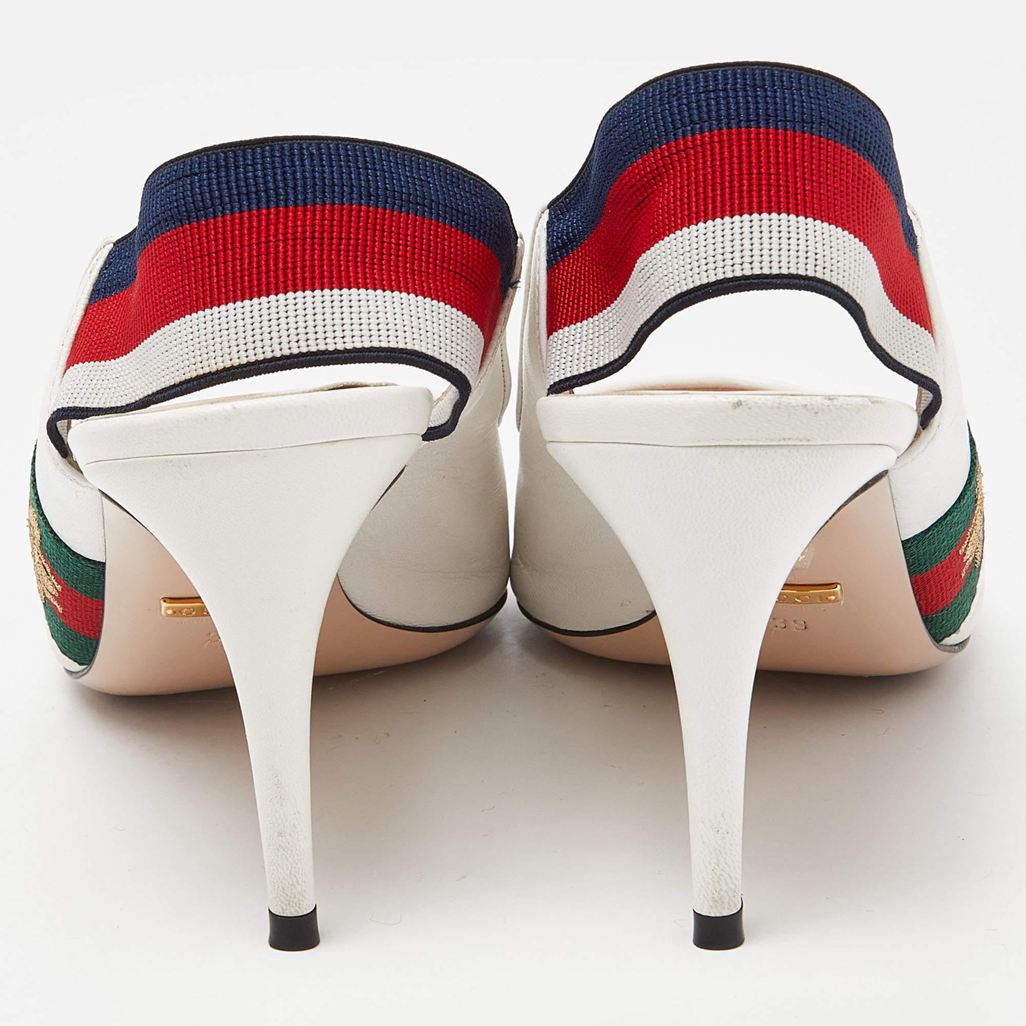 Gucci White Leather Sylvie Accent Slingback Pumps Size 39 For Sale 2