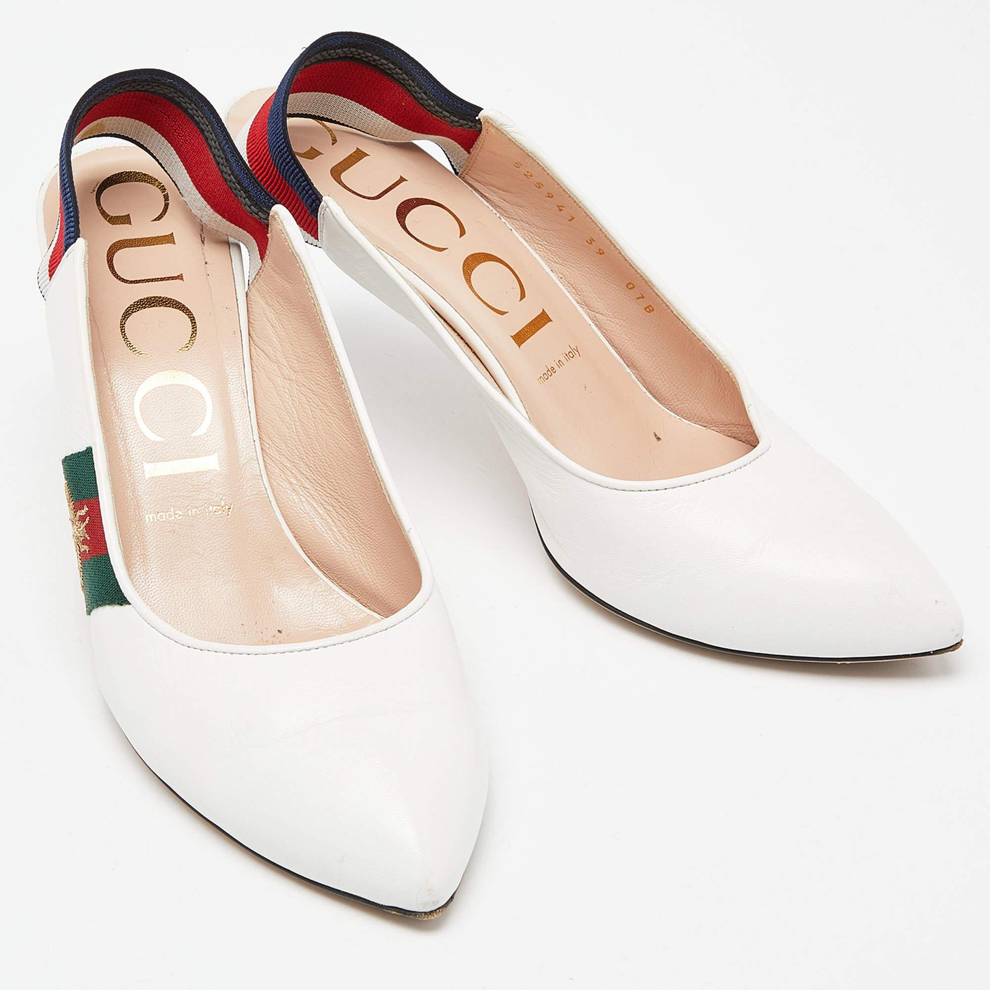 Gucci White Leather Sylvie Accent Slingback Pumps Size 39 For Sale 3