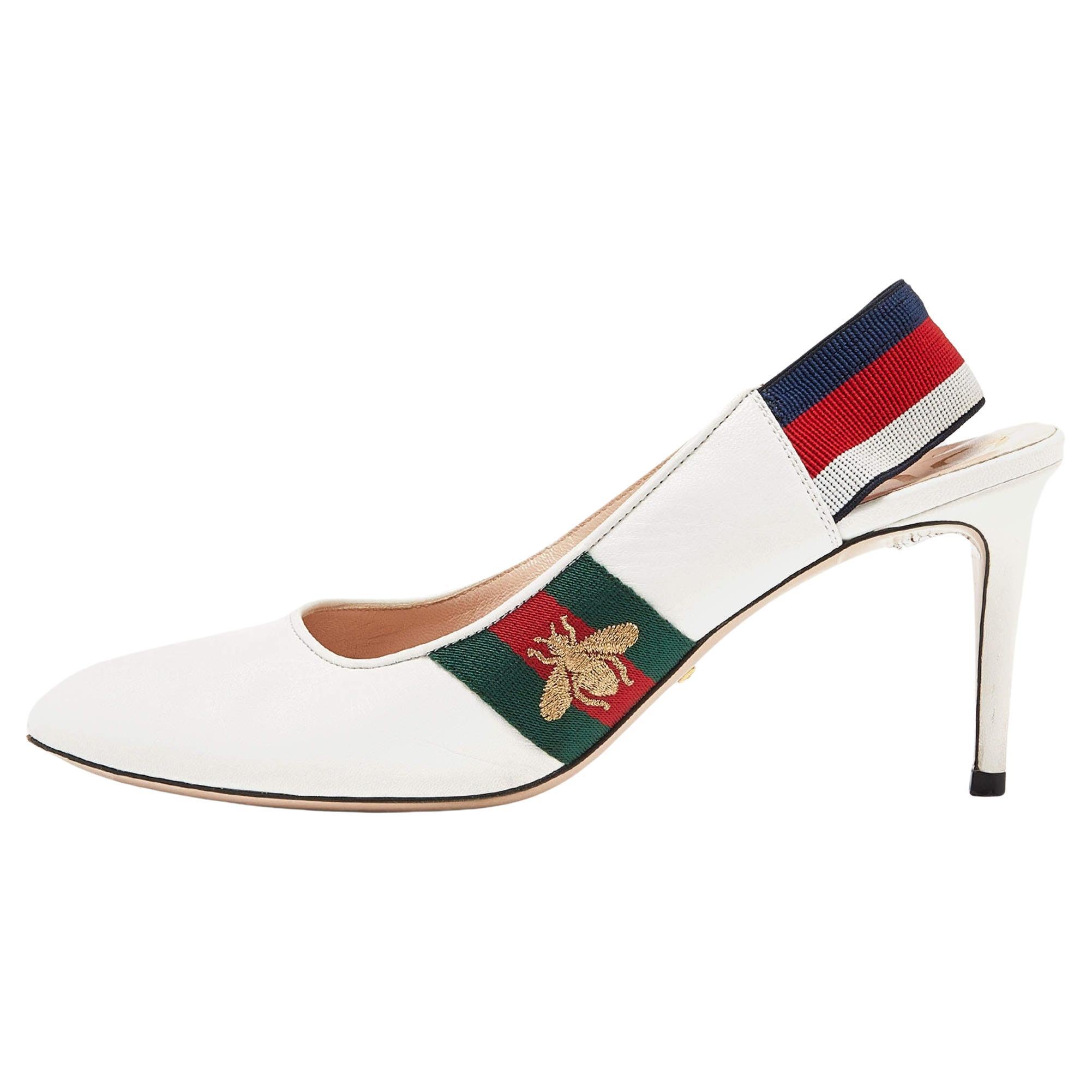 Gucci White Leather Sylvie Accent Slingback Pumps Size 39 For Sale