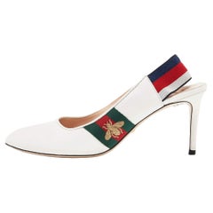 Gucci White Leather Sylvie Accent Slingback Pumps Size 39