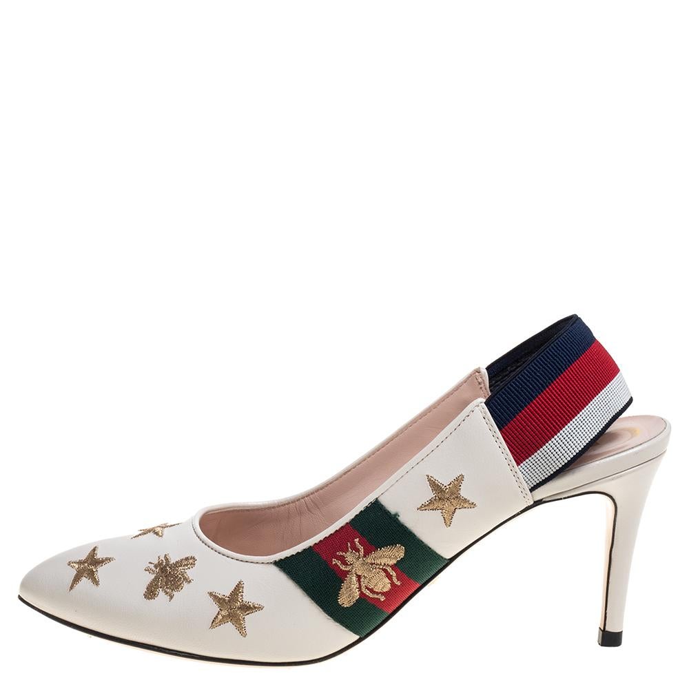 Gucci Weiß Leder Sylvie Bienen und Stern Slingback Pumps Größe 37 1