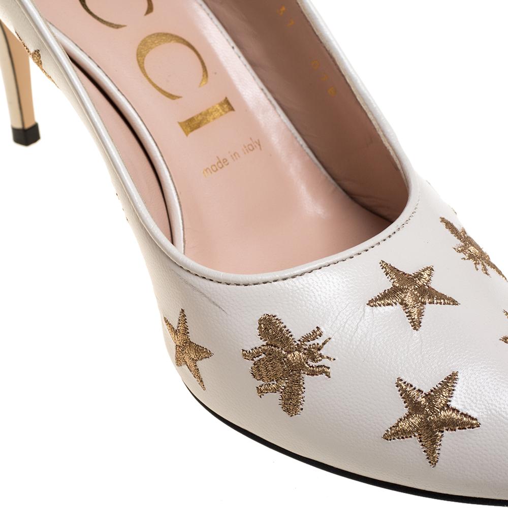 Gucci White Leather Sylvie Bees And Star Slingback Pumps Size 37 In Good Condition In Dubai, Al Qouz 2