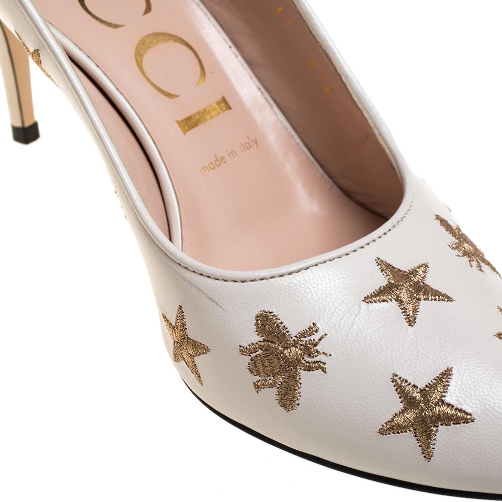 Gucci Weiß Leder Sylvie Bienen und Stern Slingback Pumps Größe 37 2