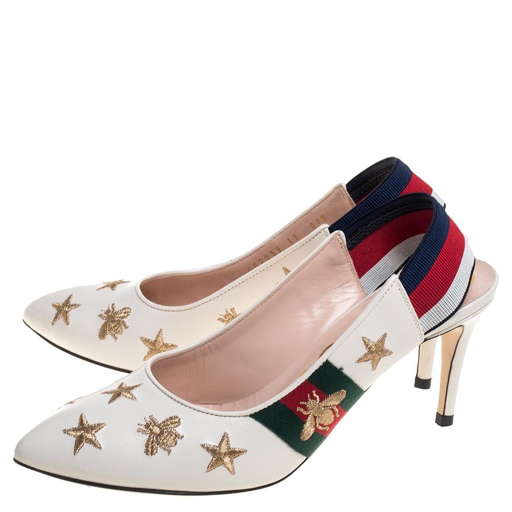 Gucci White Leather Sylvie Bees And Star Slingback Pumps Size 37 1