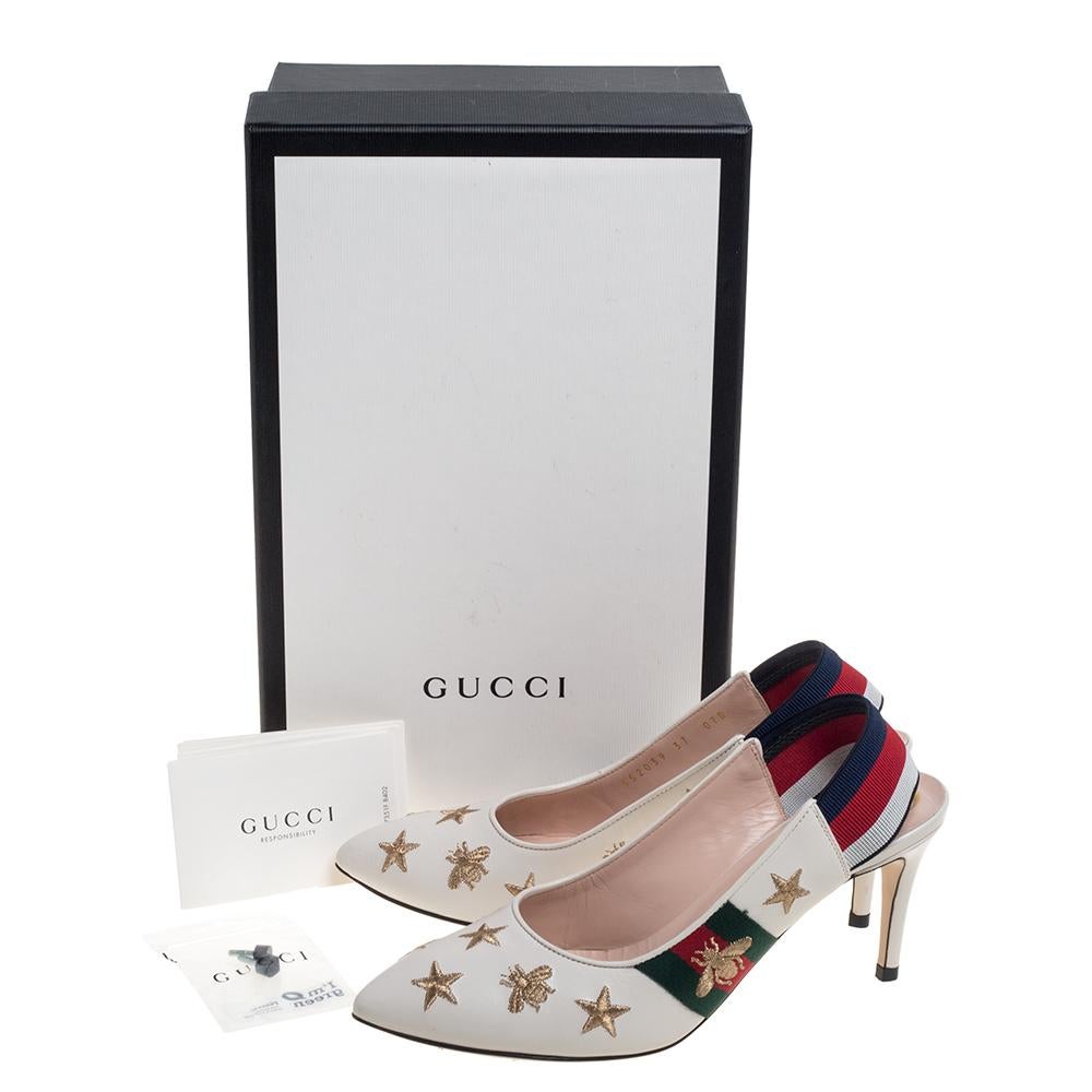 Gucci White Leather Sylvie Bees And Star Slingback Pumps Size 37 2