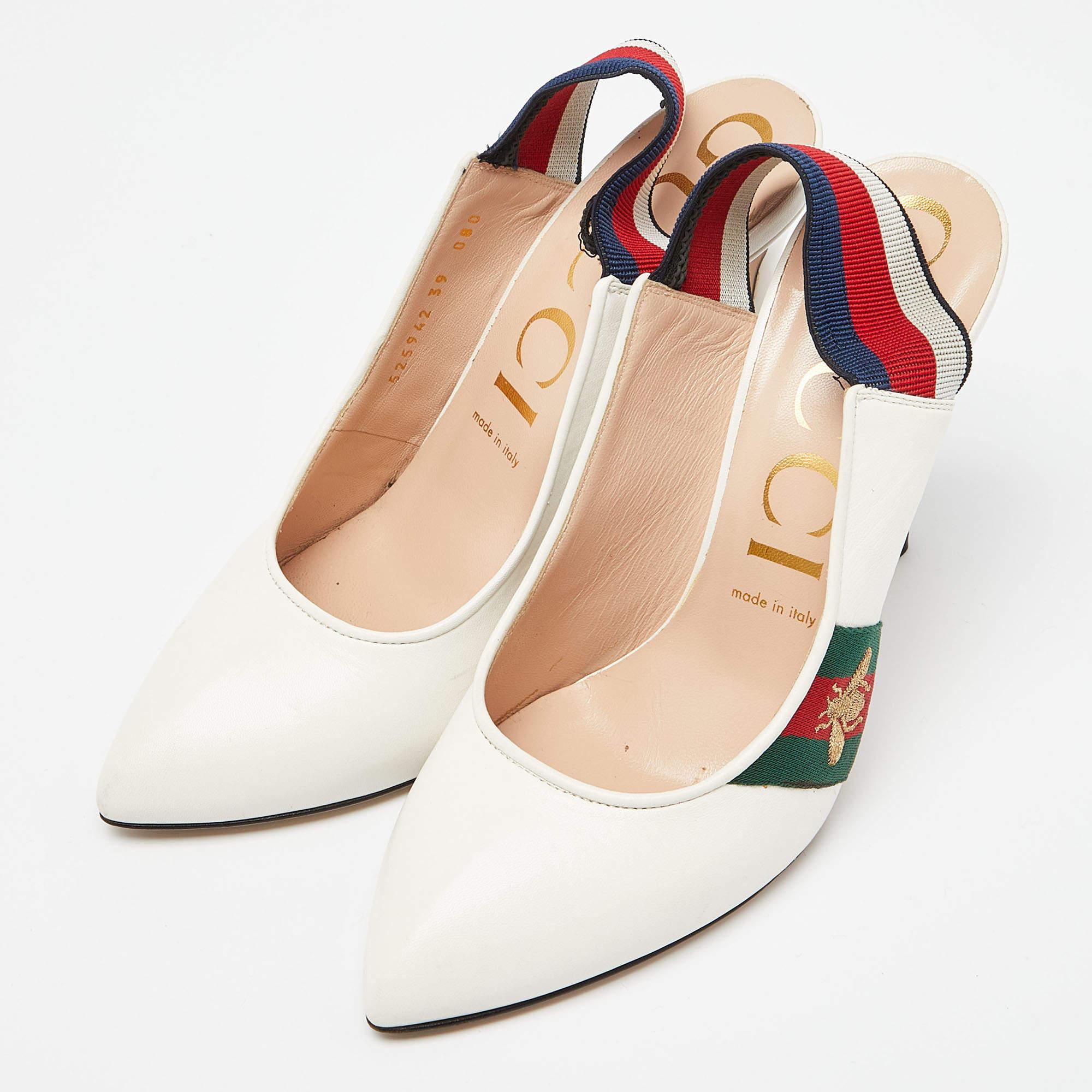Amp up any outfit with these Gucci Sylvie pumps. Crafted from quality leather in Italy they feature the signature web strap as elastic slingbacks with pointed toes and sleek 11.5cm stiletto heels. The white shade is contrasted with bee embroidered