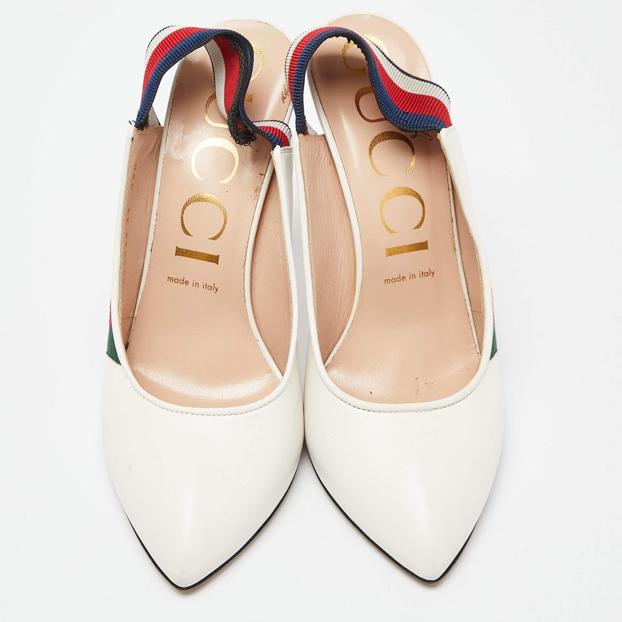 Gucci White Leather Sylvie Web Pointed Toe Slingback Pumps Size 39 In Good Condition In Dubai, Al Qouz 2