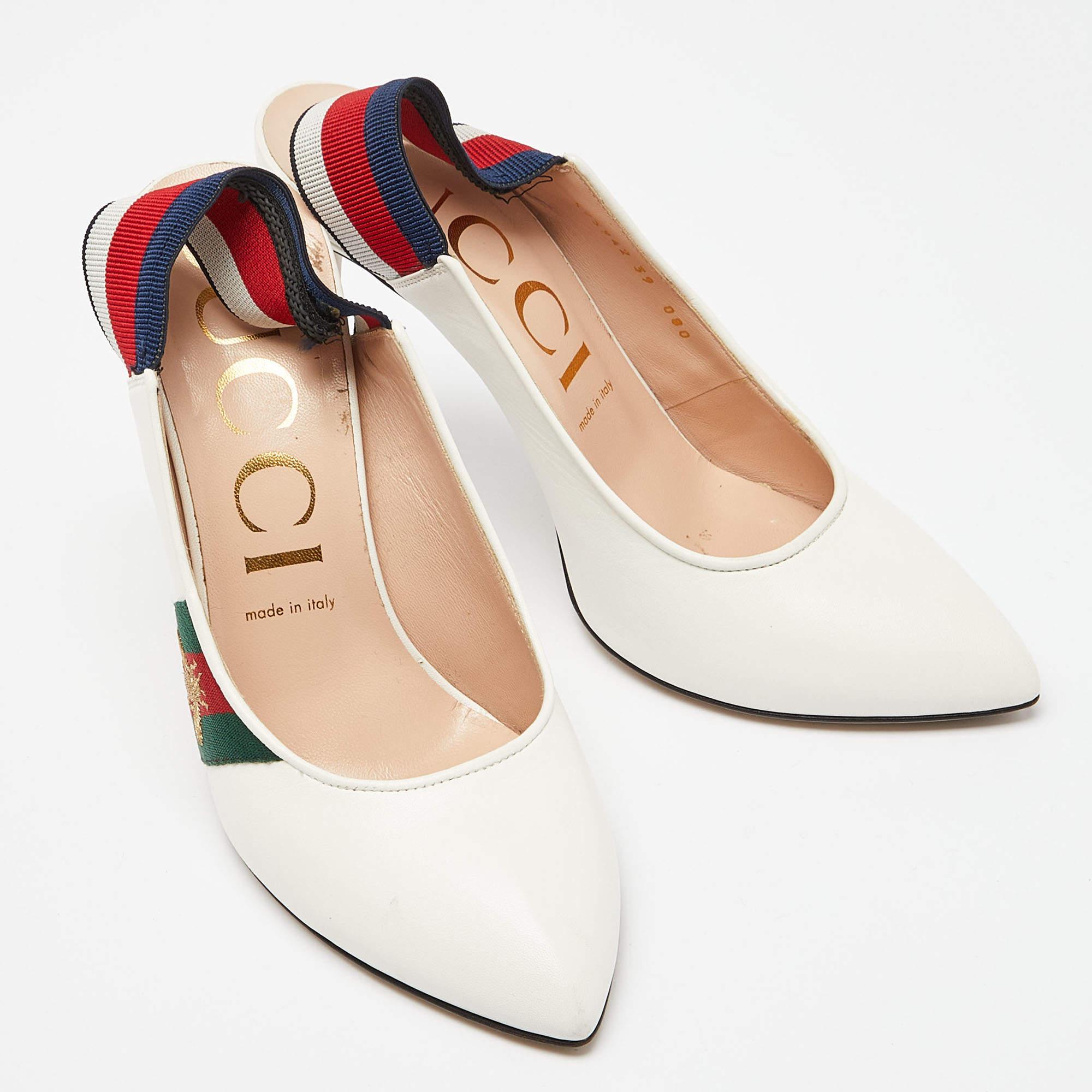 Women's Gucci White Leather Sylvie Web Pointed Toe Slingback Pumps Size 39