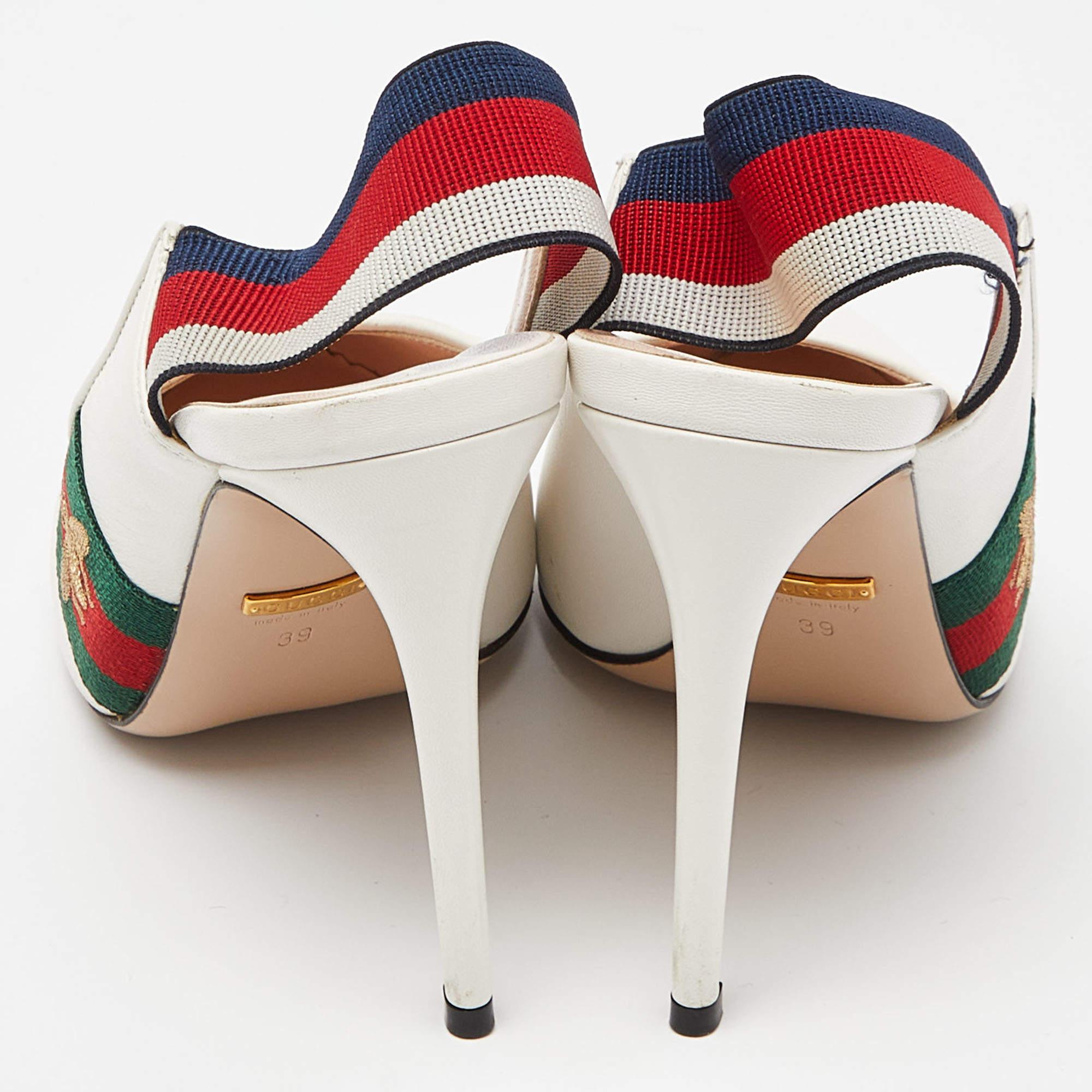 Gucci White Leather Sylvie Web Pointed Toe Slingback Pumps Size 39 1