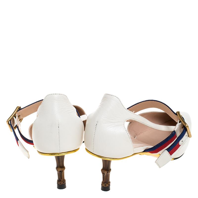 Women's Gucci White Leather Sylvie Web Strap Bamboo Heel Unia Pumps Size 37