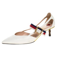 Gucci White Leather Sylvie Web Strap Bamboo Heel Unia Pumps Size 37