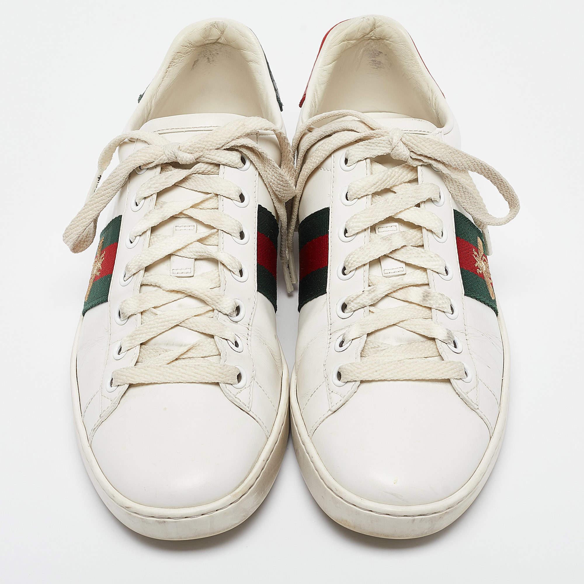 Gray Gucci White Leather Web Ace Lace Up Sneakers Size 37.5