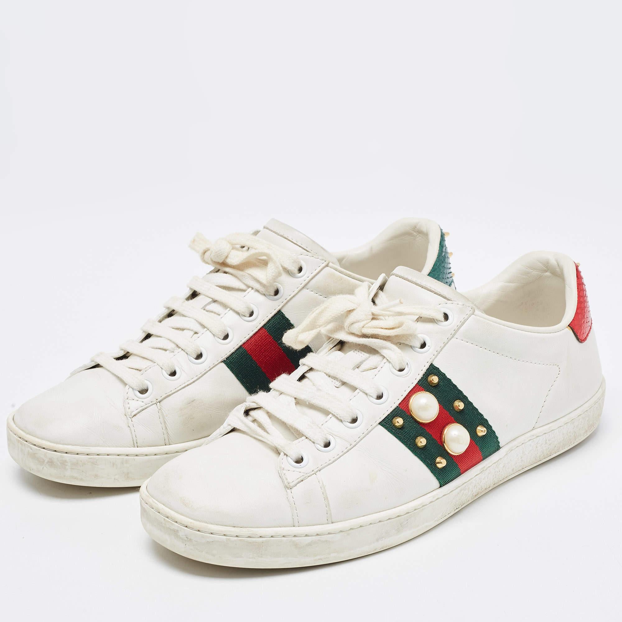 Women's Gucci White Leather Web Ace Low Top Sneakers Size 37.5 For Sale