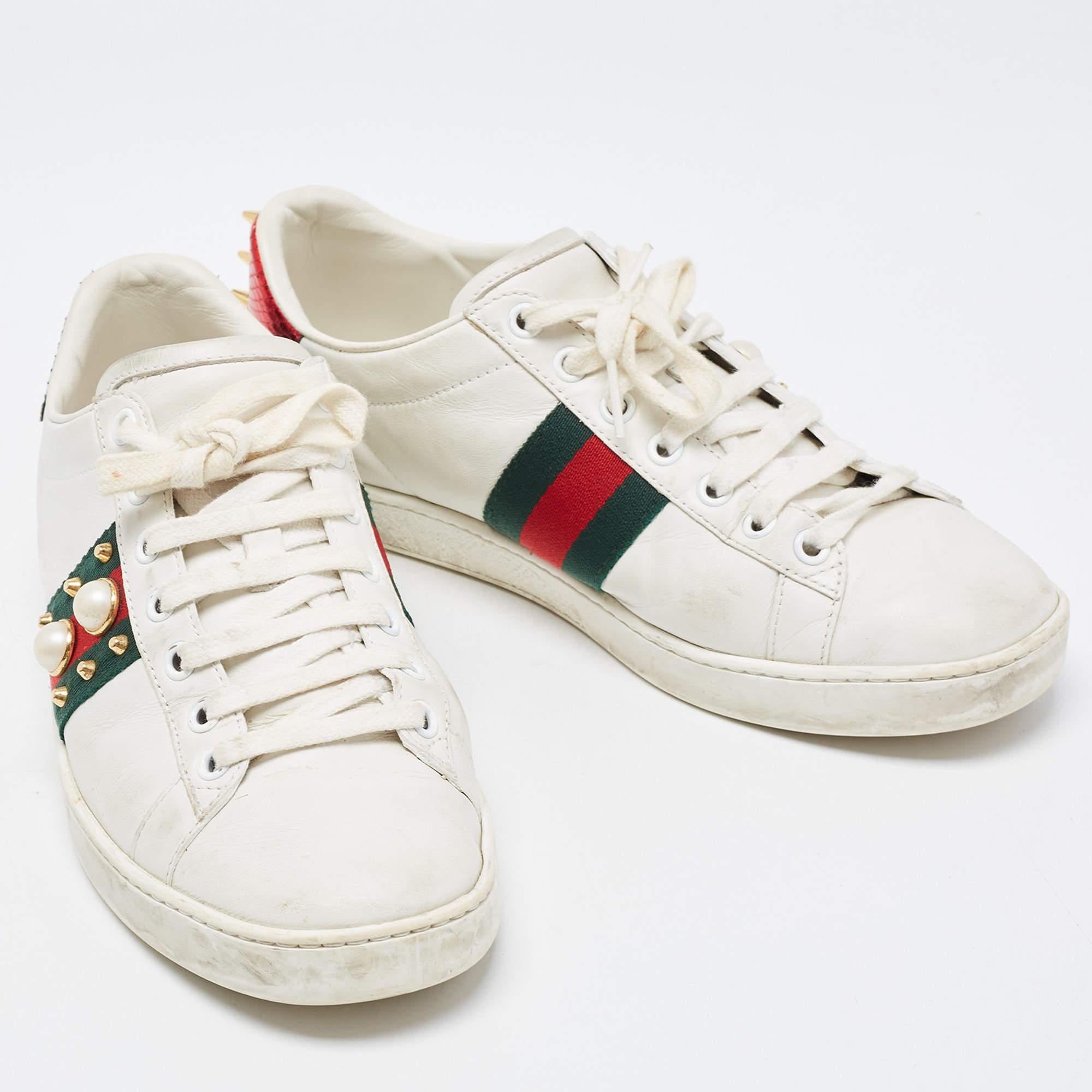 Gucci White Leather Web Ace Low Top Sneakers Size 37.5 For Sale 1