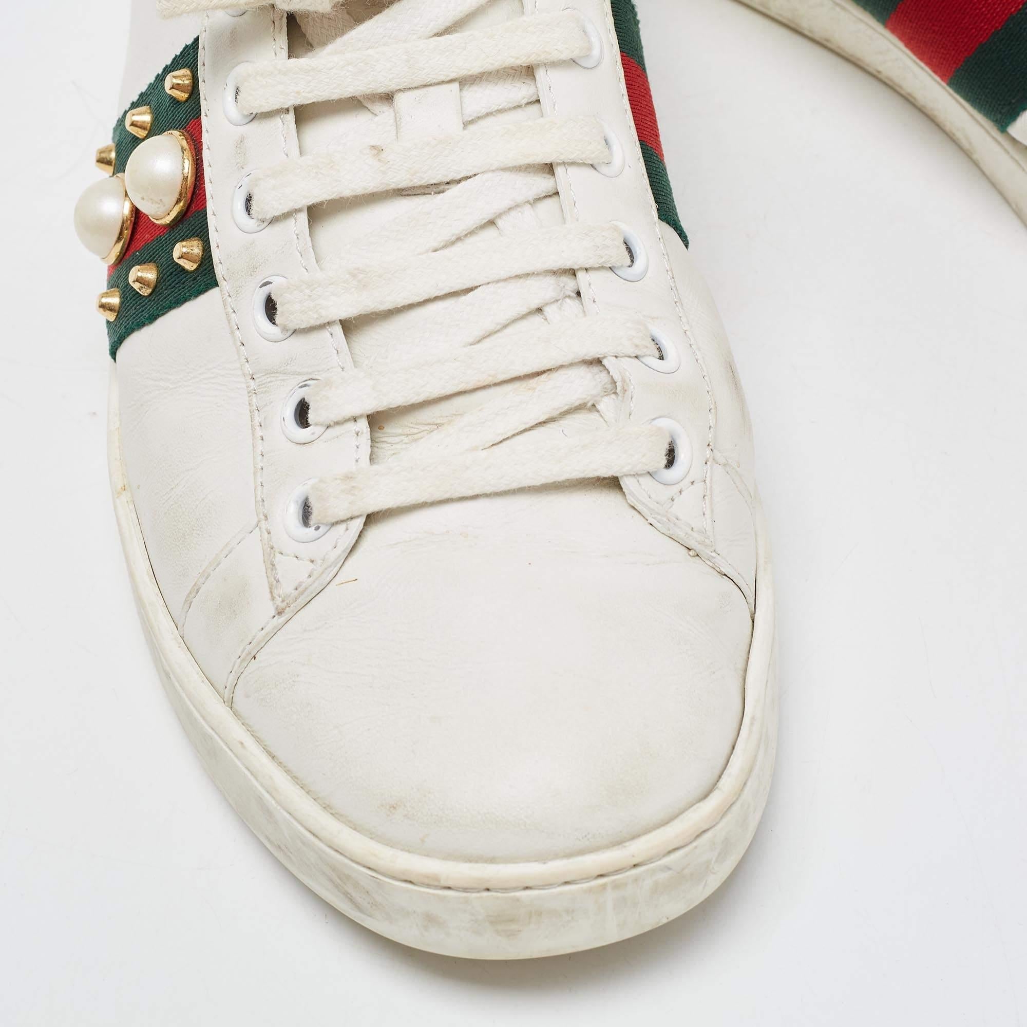 Gucci White Leather Web Ace Low Top Sneakers Size 37.5 For Sale 2