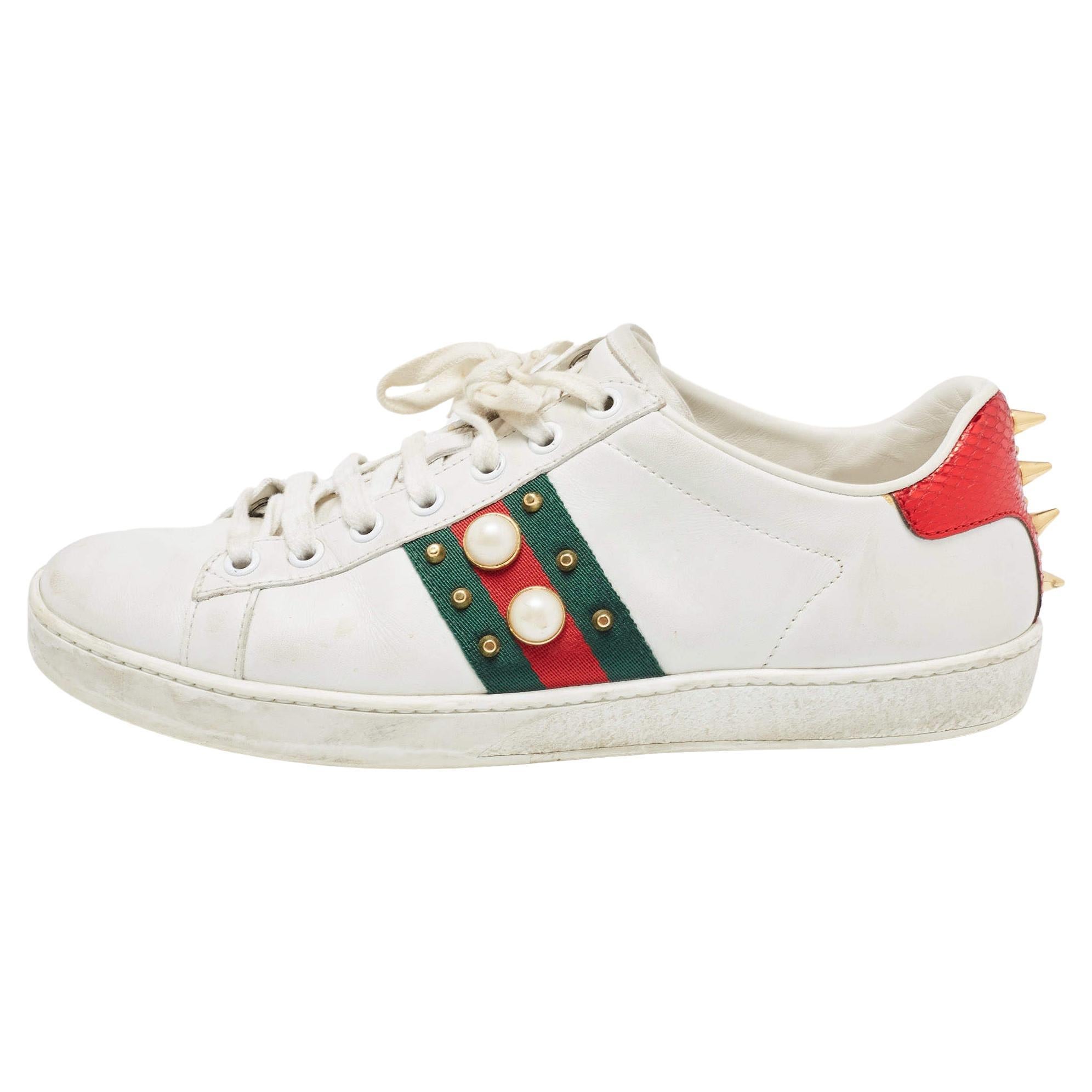 Gucci White Leather Web Ace Low Top Sneakers Size 37.5 For Sale
