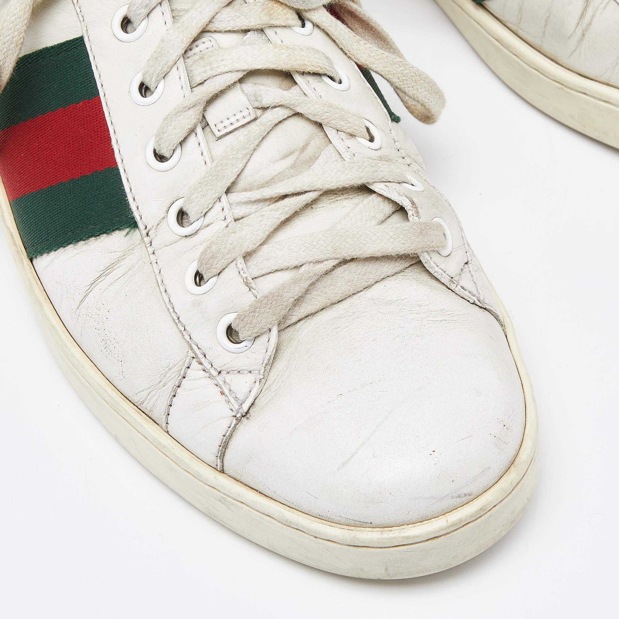 Men's Gucci White Leather Web Ace Low Top Sneakers Size 42.5 For Sale