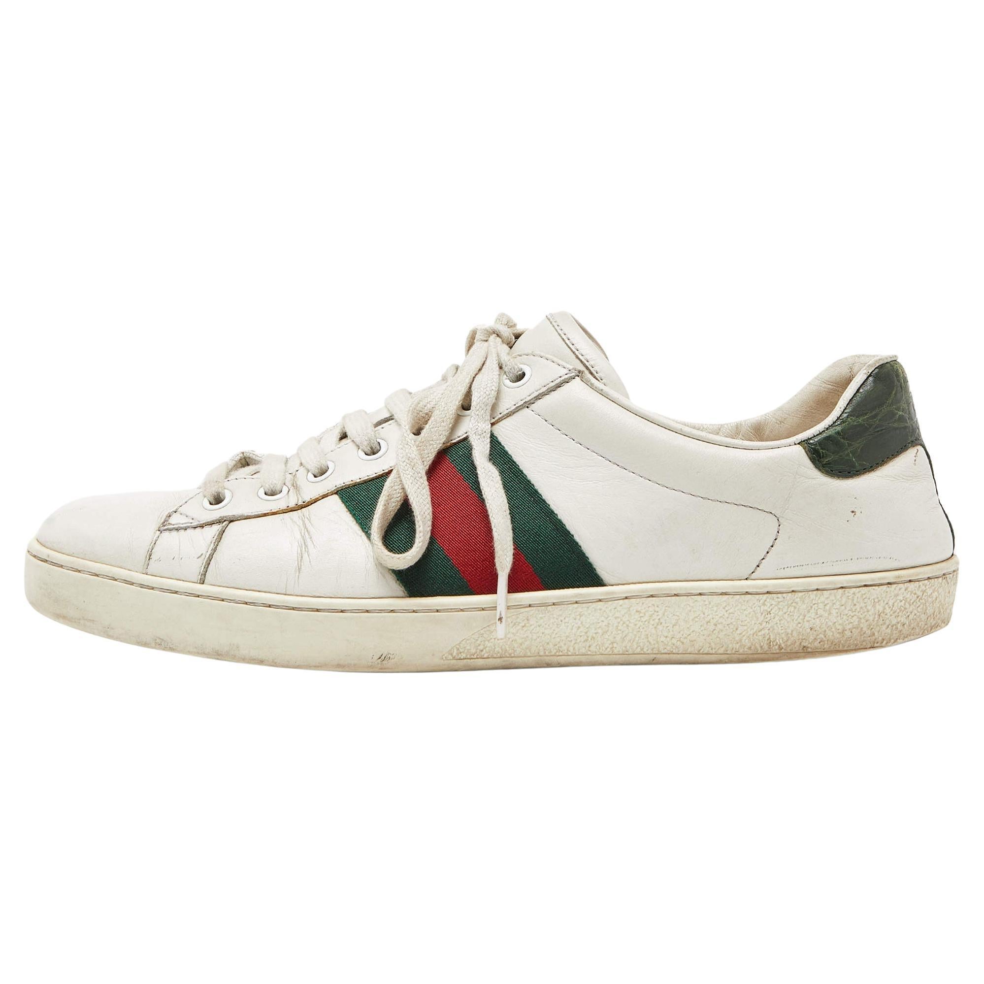 Gucci White Leather Web Ace Low Top Sneakers Size 42.5 For Sale