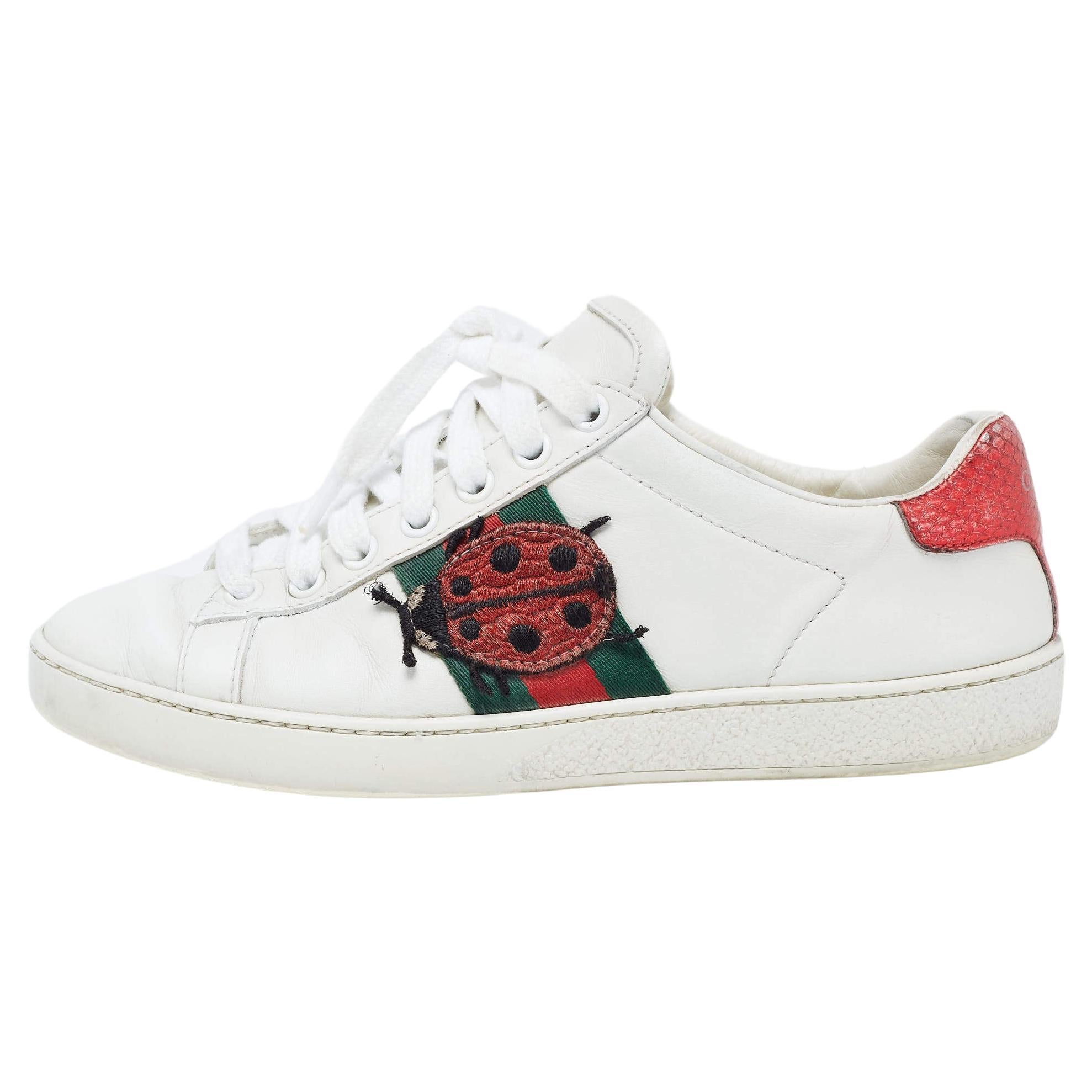Gucci White Leather Web Ace Sneakers Size 34.5 For Sale