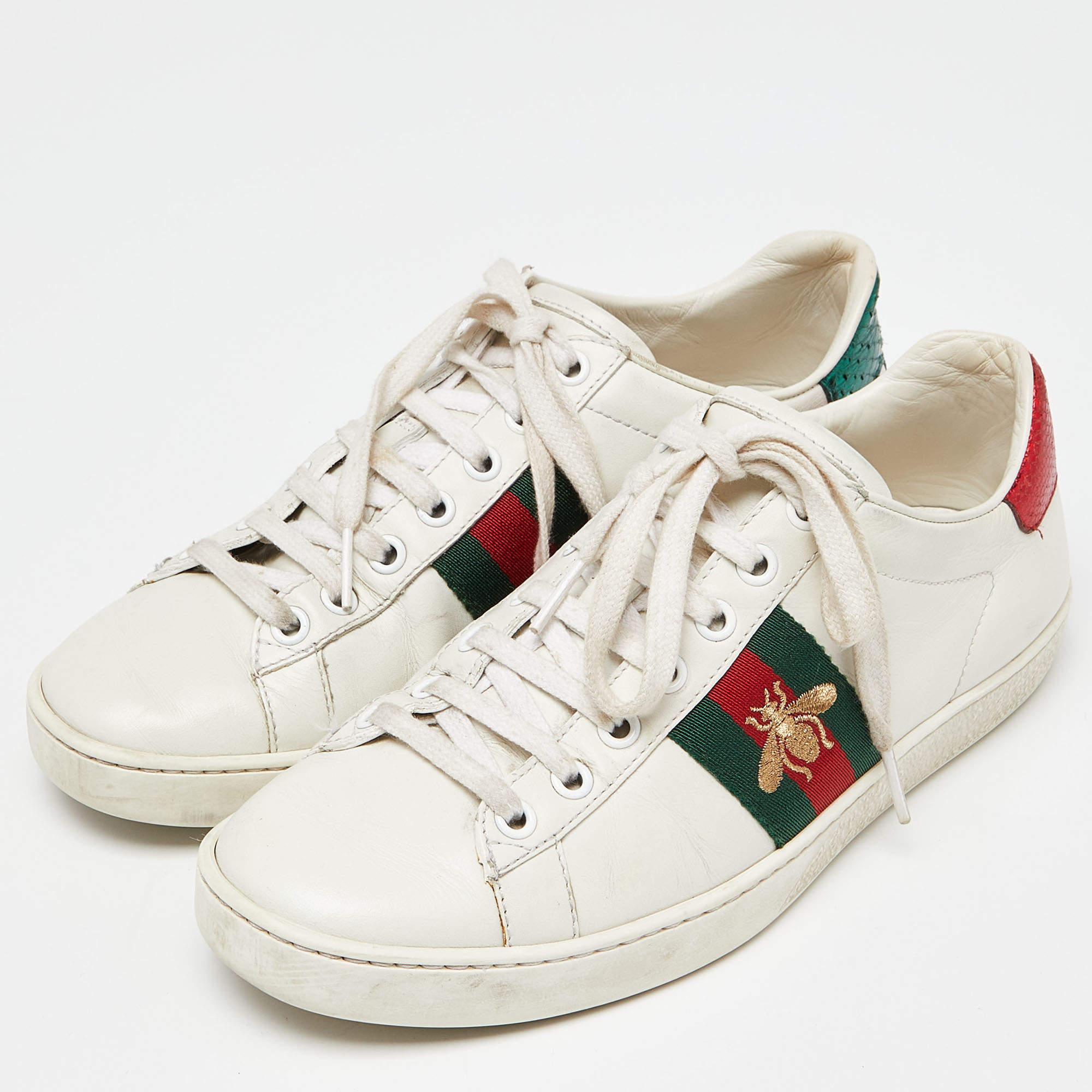 Women's Gucci White Leather Web Detail Bee Embroidered Ace Low Top Sneakers Size 36.5 For Sale