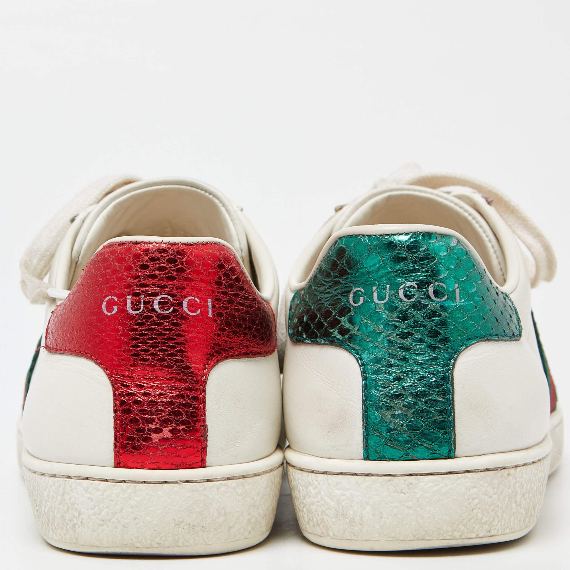 Gucci White Leather Web Detail Bee Embroidered Ace Low Top Sneakers Size 36.5 For Sale 2